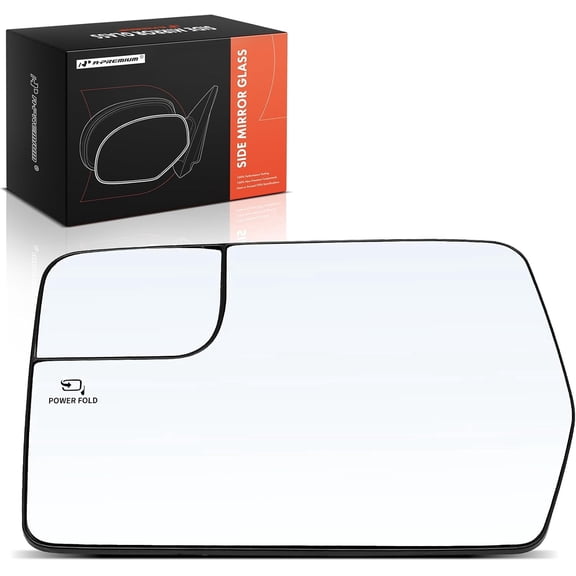 A-Premium Left Driver Side Heated Mirror Glass with Backing Plate - Compatible with Ford F-150 F150 2011 2012 2013 2014 - Exterior Side View Flat Mirror with Spotter Glass, Power Foldable Mark