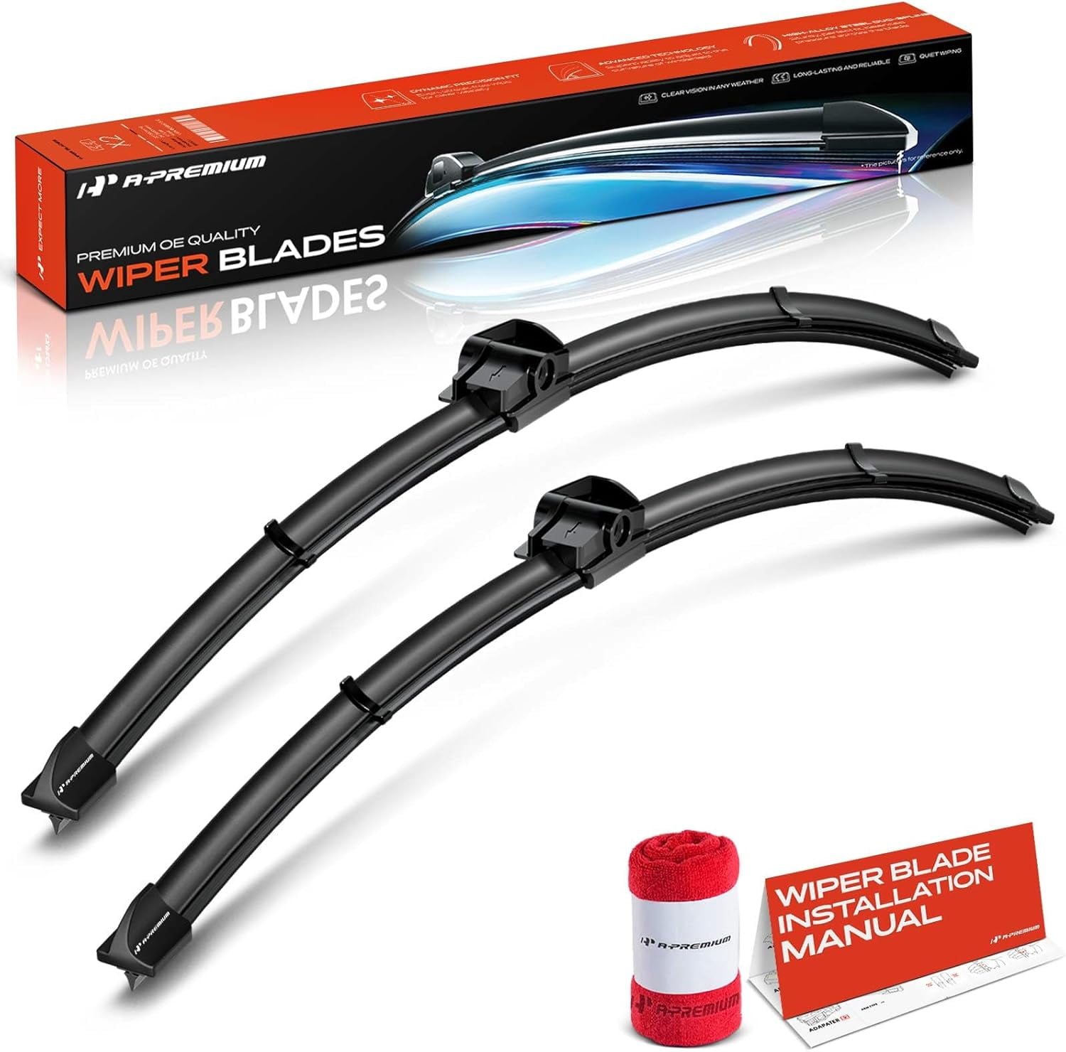 A-Premium Pack of 2 Windshield Wiper Blades with Wear Indicator & Towel - Compatible with Mercedes-Benz C250, C300, C350, E200, E250, E300, E350, E400-24" and 24", SL Connector, Left and Right