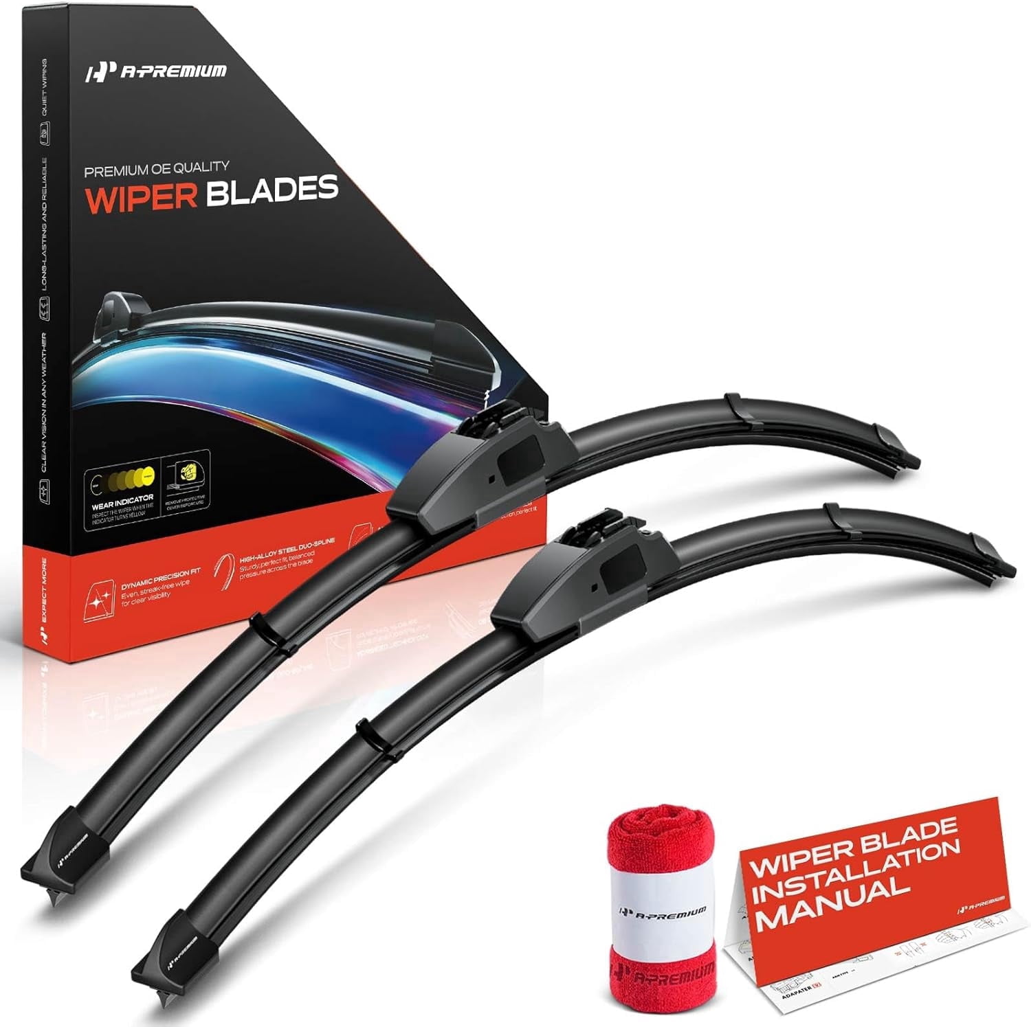 A-Premium Pack of 2 Windshield Wiper Blades with Wear Indicator & Towel - Compatible with Nissan Titan 2017-2024, Titan XD 2016-2024 - 24" and 21", Hook Connector, Left and Right