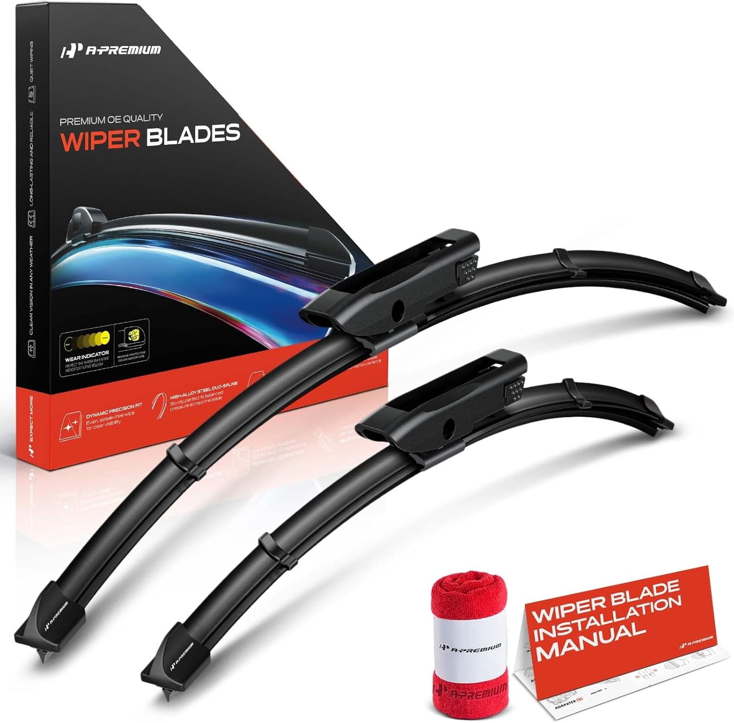 A-Premium Pack of 2 Windshield Wiper Blades with Wear Indicator & Towel - Compatible with Smart Fortwo Cabrio Passion/Pure/Prime Coupe 2016-2019 - 20" and 14", Gen2D Connector, Left and Right