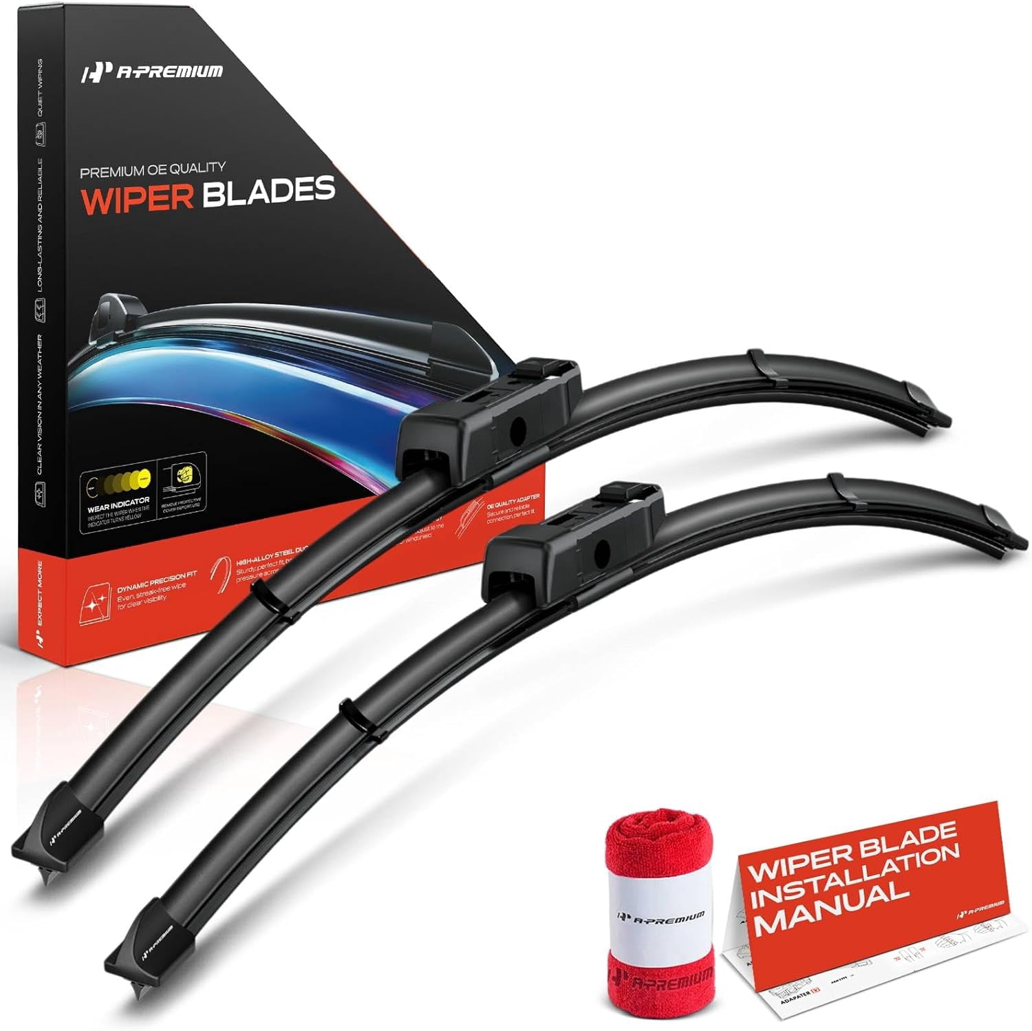 A-Premium Pack of 2 Windshield Wiper Blades with Wear Indicator & Towel - Compatible with Volkswagen Jetta 2019-2024 & Porsche Macan 2015-2024, Panamera 2014-2016 - 24" and 20", TLPN Connector