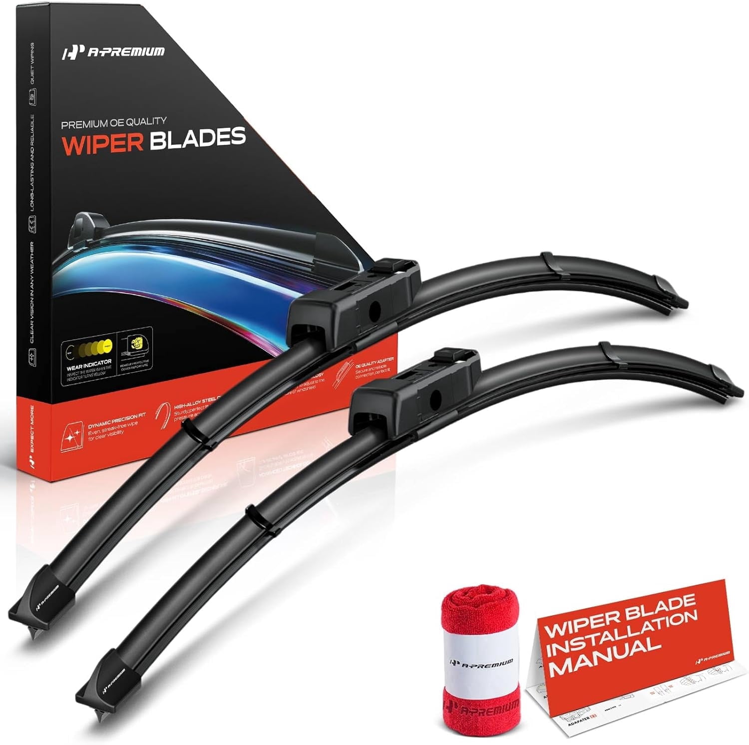 A-Premium Pack of 2 Windshield Wiper Blades with Wear Indicator & Towel - Compatible with Volvo XC90 2016-2024, XC40 2018-2024, S90 2017-2024, V90 2016-2024 - 24" and 20", TLPN Connector