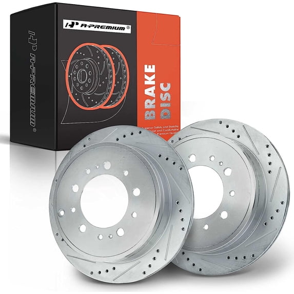 A-Premium Rear Drilled and Slotted Disc Brake Rotors Set Compatible with Toyota Land Cruiser 2008-2021 Sequoia 2008-2021 Sequoia Lexus LX570 2-PC Set