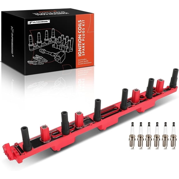 A-Premium (Red) 1x Ignition Coil Pack and 6x Iridium Spark Plugs Compatible with Jeep WJ Series Grand Cherokee 2000-2004 TJ Series Wrangler 2000-2006 TJ 2000-2006 XJ Series Cherokee 2000-2001 4.0L