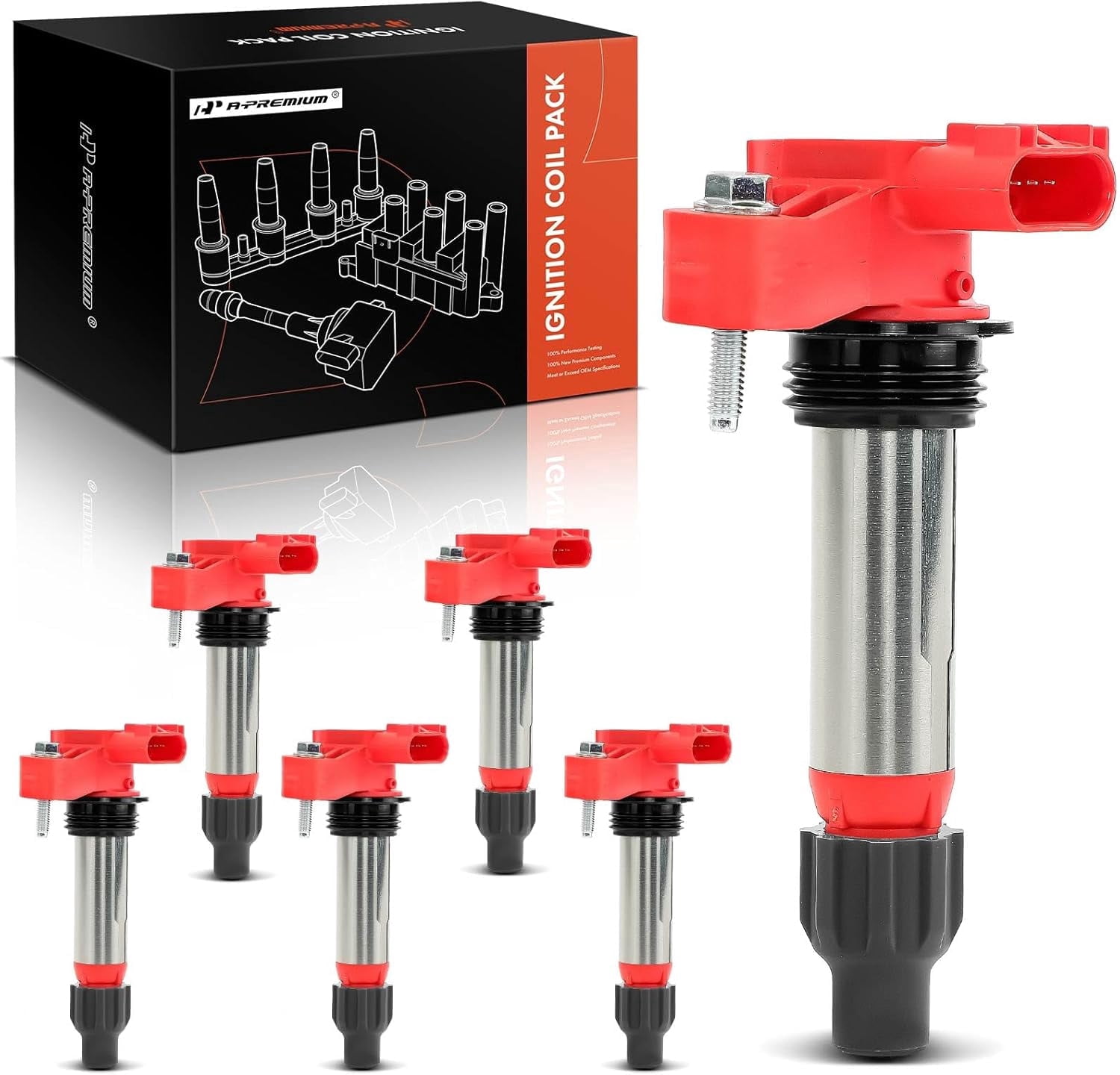 A-Premium (Red) Engine Ignition Coil Pack Compatible with Chevrolet Equinox, Malibu, Impala, Camaro, Colorado & GMC Terrain, Acadia & Buick Enclave & Cadillac SRX & Suzuki Grand Vitara, 6-PC Set