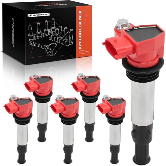 A-Premium (Red) Engine Ignition Coil Pack Compatible with Chevrolet Traverse & GMC Acadia & Buick Enclave, LaCrosse, Rendezvous & Cadillac SRX, CTS, STS & Saab 9-3 & Saturn Outlook, 6-PC Set