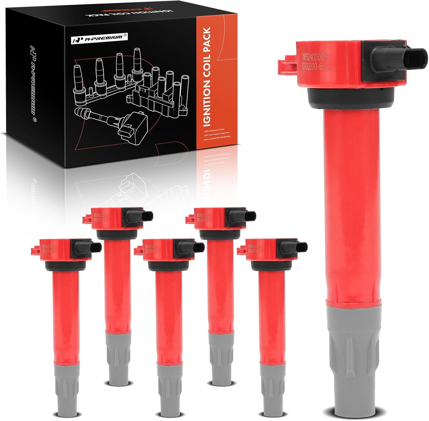 A-Premium (Red) Engine Ignition Coil Pack Compatible with Dodge Grand Caravan, Charger, Journey, Challenger, Avenger & Chrysler Town & Country, 300, Pacifica, Sebring & Volkswagen Routan, 6-PC Set
