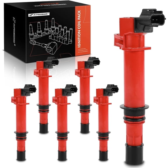 A-Premium (Red) Engine Ignition Coil Pack Compatible with Dodge Ram 1500 2002-2008, Dakota 2004-2008 & Jeep Grand Cherokee, Liberty & Mitsubishi Raider, V6 3.7L 3.9L, Replace# 56028138, 6-PC Set