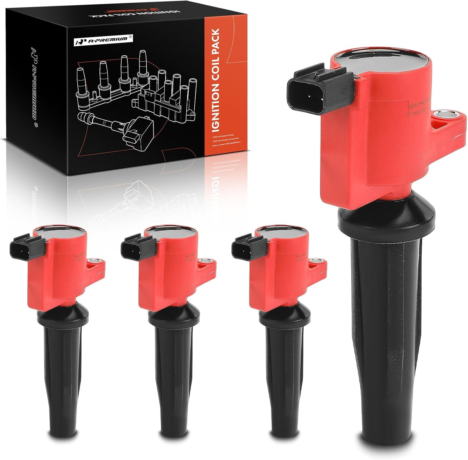 A-Premium (Red) Engine Ignition Coil Pack Compatible with Ford Escape, Fusion, Ranger, C-Max, Police Responder Hybrid, SSV Plug-In Hybrid, Transit Connect & Lincoln MKZ & Mazda & Mercury, 4-PC Set