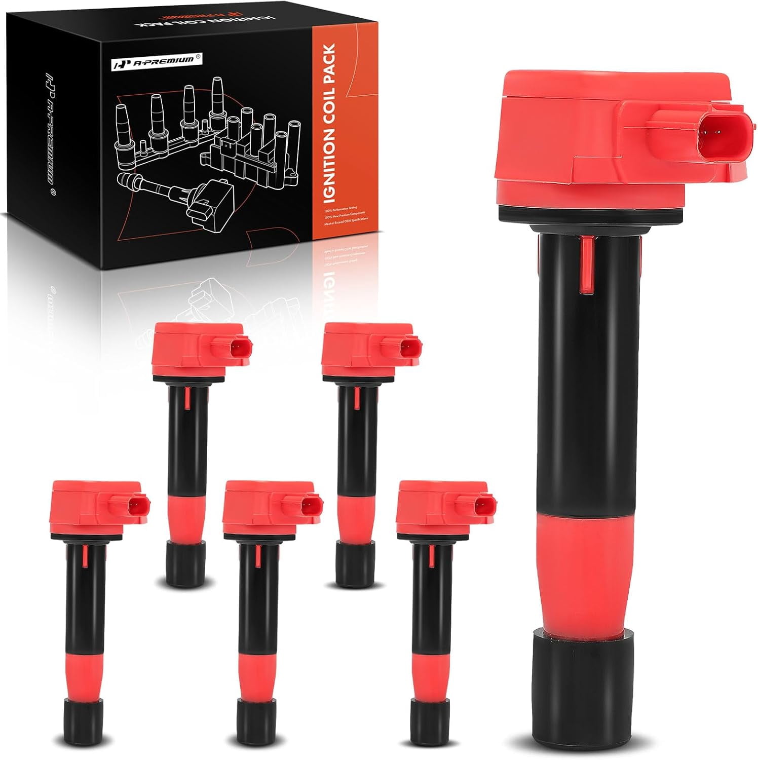 A-Premium (Red) Engine Ignition Coil Pack Compatible with Honda Accord 2008-2012, Accord Crosstour 2010-2011, Pilot, Odyssey, Ridgeline, Crosstour & Acura MDX, RDX, TSX, TL, ZDX, RL, 6-PC Set