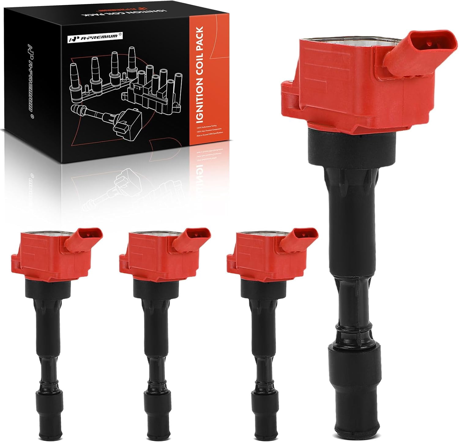 A-Premium (Red) Engine Ignition Coil Pack Compatible with Hyundai Elantra 2015-2020, Sonata 2015-2017, Veloster 2019-2021, Kona 2018-2021 & Kia Soul, Optima, Forte, Seltos, Forte Koup, 4-PC Set