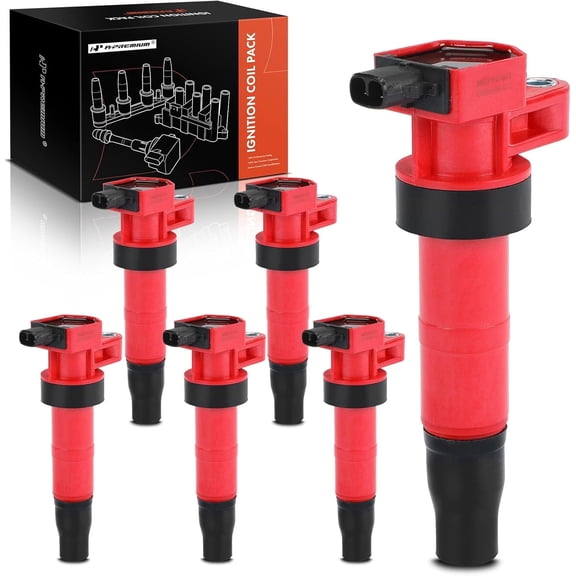 A-Premium (Red) Engine Ignition Coil Pack Compatible with Hyundai Sonata, Santa Fe, Azera, Veracruz, Entourage, Genesis, Genesis Coupe & Kia Sorento, Sedona, Cadenza, Borrego, Amanti, 6-PC Set