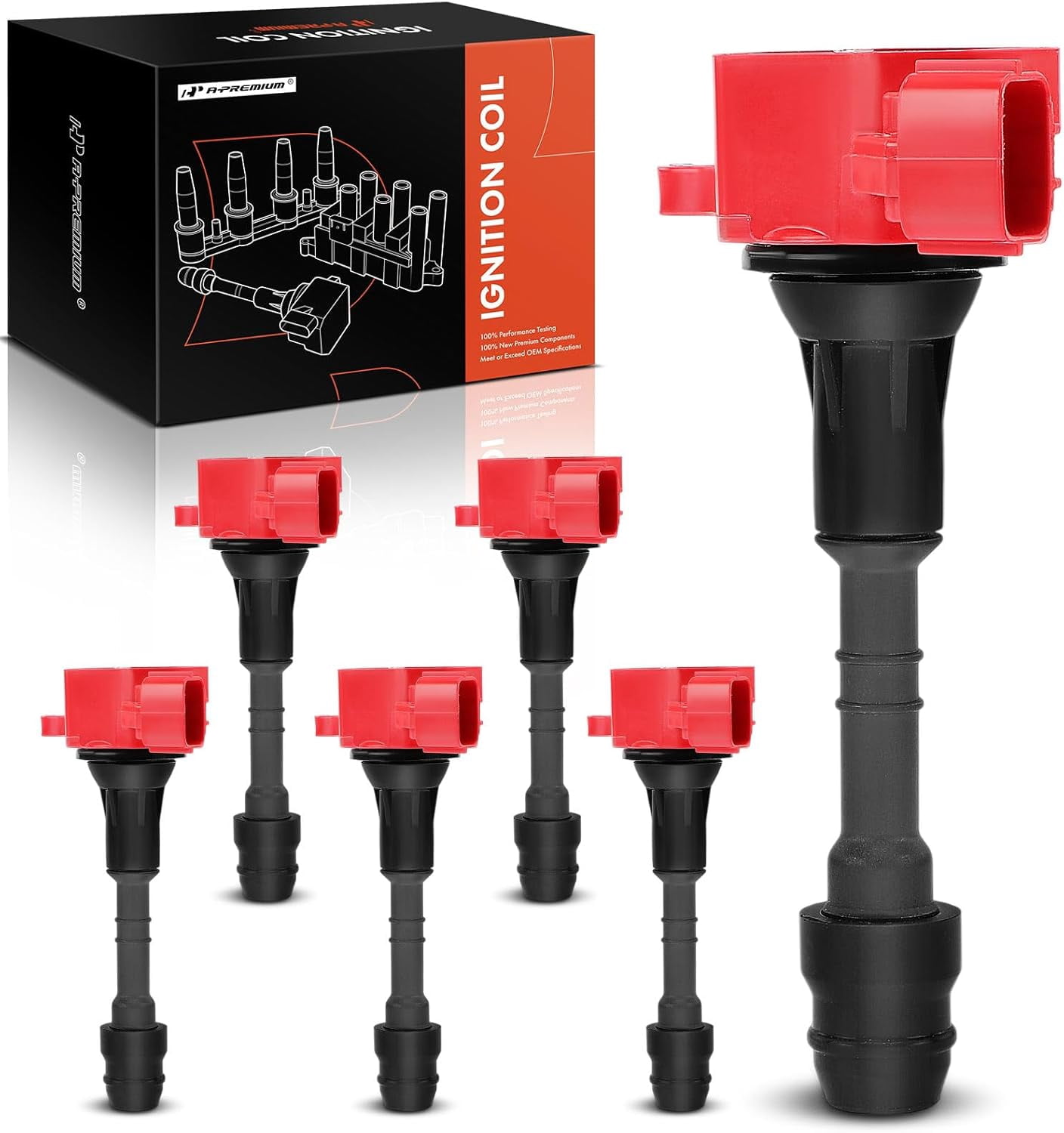 A-Premium (Red) Engine Ignition Coil Pack Compatible with Nissan 350Z 2003-2006 & Infiniti FX35 2003-2008, G35 2003-2007, M35 2006-2008, 3.5L, 6-PC Set