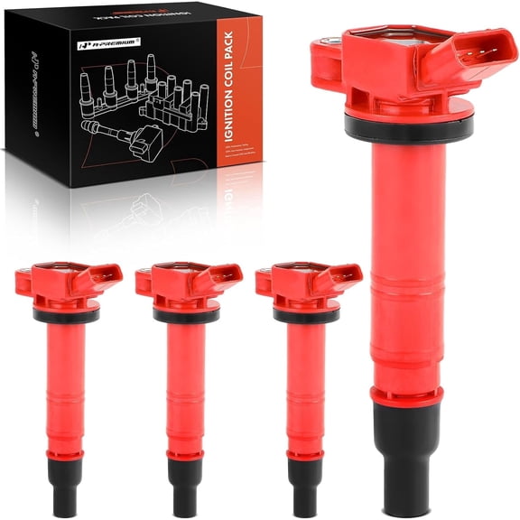 A-Premium Engine Ignition Coil Pack Compatible with Toyota Camry, Corolla, Tacoma, Tundra, 4Runner, Matrix, FJ Cruiser, Solara & Lexus IS F, IS500, GS F, RC F, LC500 & Scion xB, Red, Set of 4