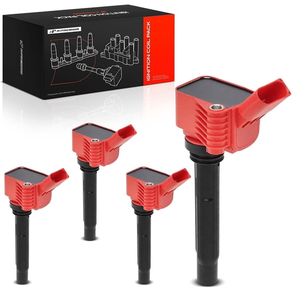 A-Premium Set of 4 Red Ignition Coil Pcaks - 4-Pins | Compatible with Volkswagen Jetta, Passat, Golf, Tiguan, Beetle & Audi A4, A4 allroad Quattro, Q5, Q7, A5 Quattro Sportback