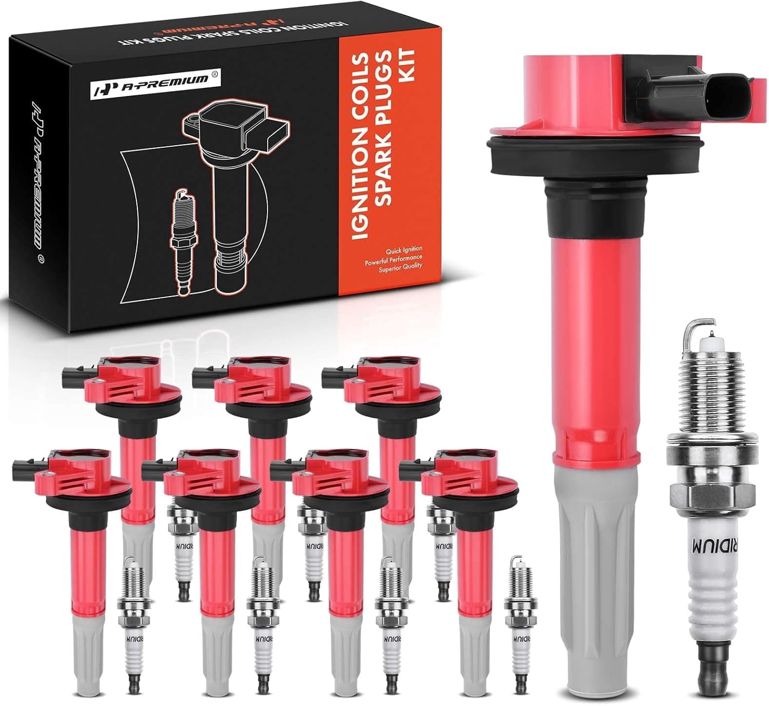 A-Premium (Red) Ignition Coils and Spark Plugs Kits Compatible with Ford F-150 2011-2016, Mustang 2011-2015, 5.0L 8-PC Set