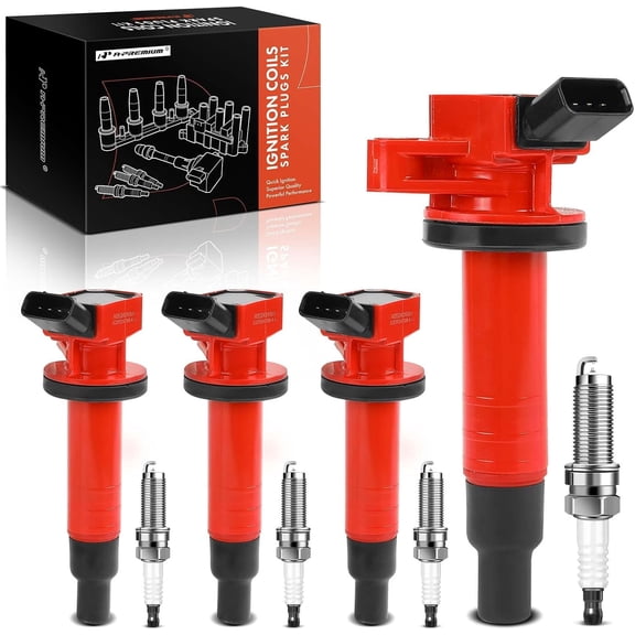 A-Premium (Red) Set of 8 Ignition Coil Pack and Iridium Spark Plugs Compatible with Toyota Corolla 1999-2008 Matrix 2003-2008 Celica MR2 2000-2005 & Chevrolet Prizm 1999-2002 & Pontiac Vibe