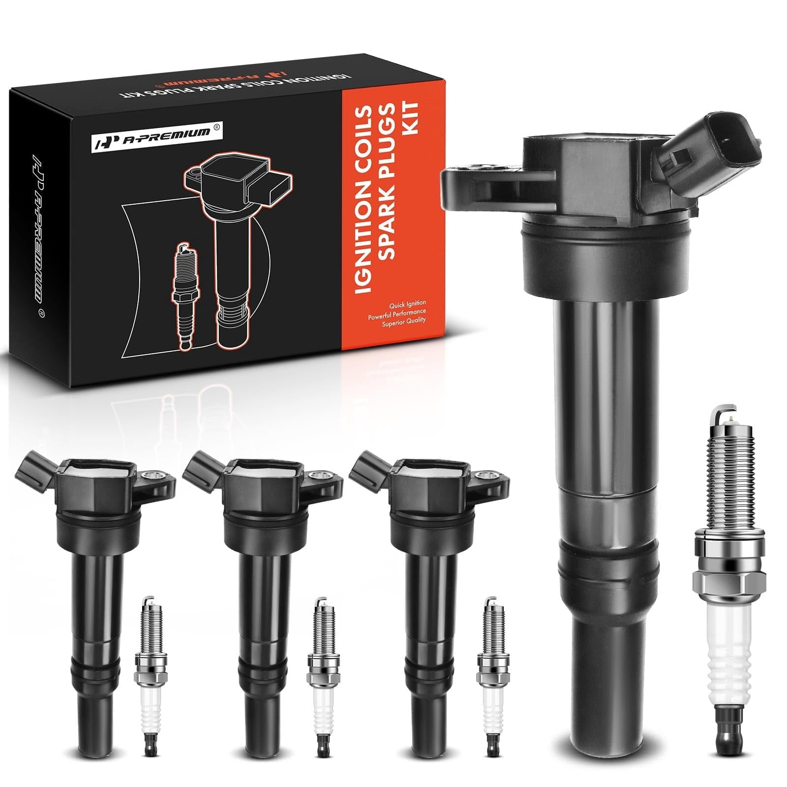 A-Premium Set of 4 Ignition Coil Pack (2-pin) and Iridium Spark Plugs Compatible with Hyundai Elantra 2012-2016 1.8L 4 Cyl, Tucson 2014-2020 2.0L 4 Cyl & Kia Soul 2012-2019 2.0L 4 Cyl