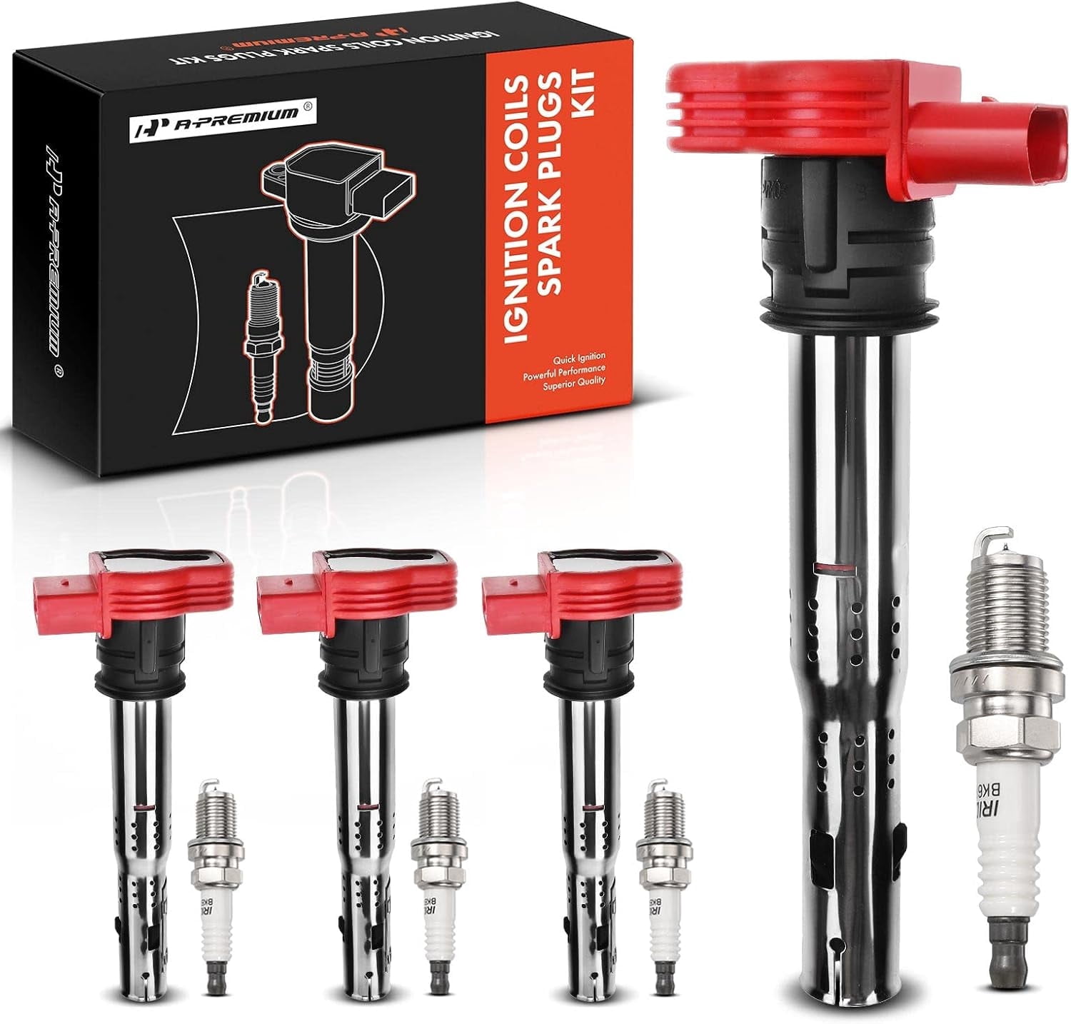 A-Premium Set of 4 Ignition Coil Pack and Iridium Spark Plugs Compatible with Audi A4 A5 A6 A7 A8 Quattro Q5 Q7 R8 S4 S5 S6 S8 Porsche Cayenne Panamera Volkswagen