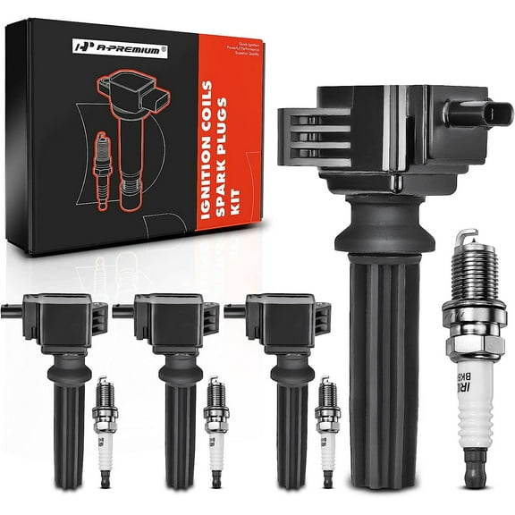 A-Premium Set of 4 Ignition Coil Pack and Iridium Spark Plugs Compatible with Ford Edge Explorer Focus Fusion Mustang Taurus & Jaguar XE XF & Lincoln MKC & Land Rover