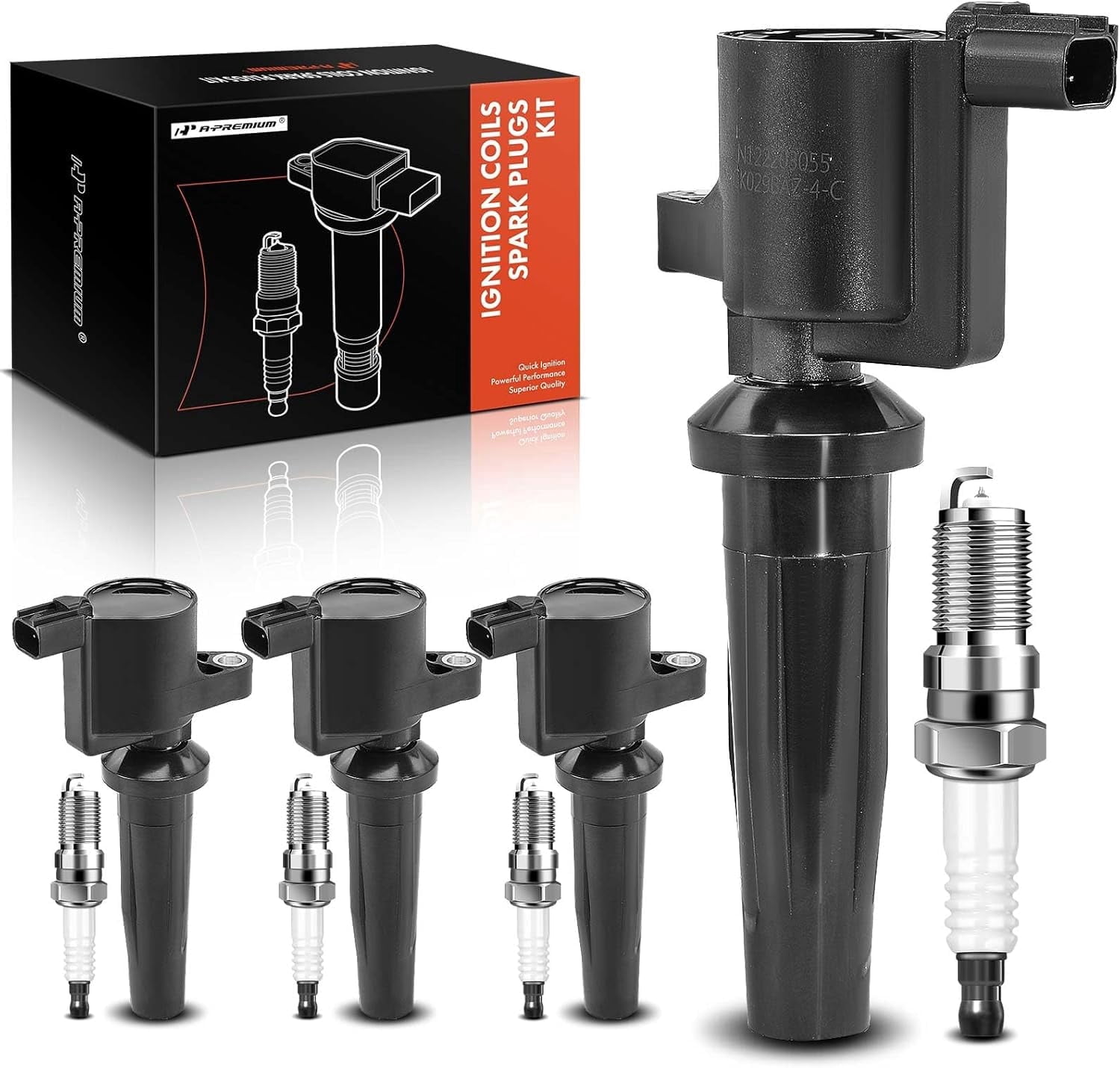 A-Premium Set of 4 Ignition Coil Pack and Iridium Spark Plugs Compatible with Ford Escape 2005-2008 2.3L, Focus 2011 2.0L, Transit Connect 2010-2013 2.0L & Mercury Mariner 2005-2008 2.3L