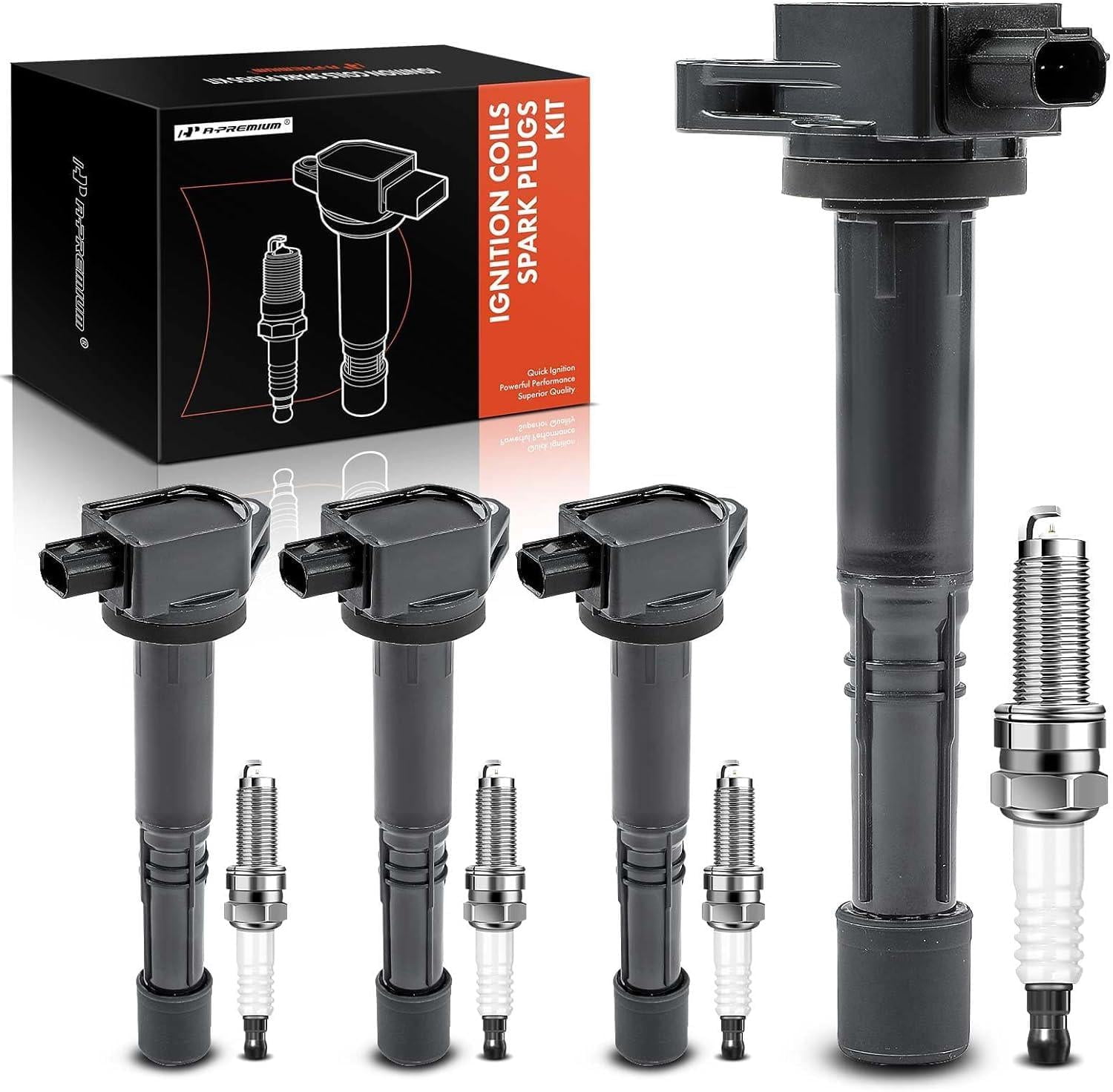A-Premium Set of 4 Ignition Coil Pack and Iridium Spark Plugs Compatible with Honda CR-V 2010-2014 Civic 2012-2015 Accord 2008-2012 Crosstour 2008-2012 & Acura ILX 2013-2015 2.4L Replace# NGK97390
