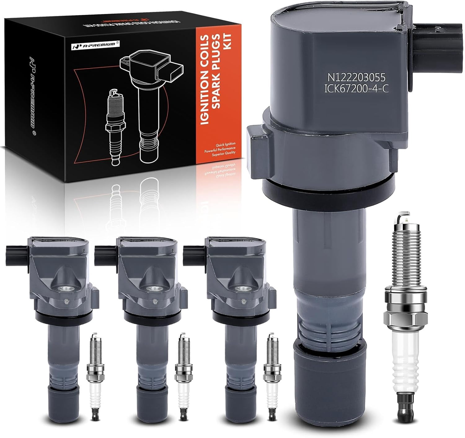 A-Premium Set of 4 Ignition Coil Pack and Iridium Spark Plugs Compatible with Honda Civic 2012-2015 1.8L & Acura ILX 2013-2015 2.0L, Replace# 30520R1AA01, NGK97390