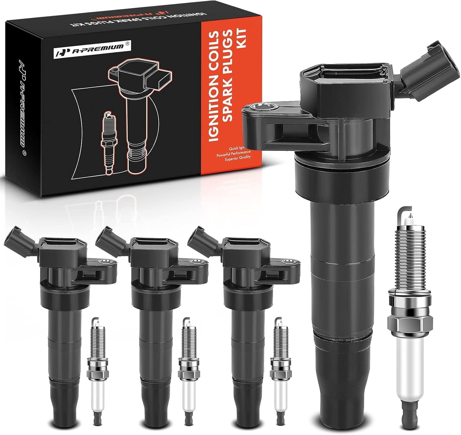 A-Premium Set of 4 Ignition Coil Pack and Iridium Spark Plugs Compatible with Hyundai Sonata 2012-2014, Santa Fe Sport 2013-2015 & Kia Optima 2011-2015, Sportage 2011-2016, 2.0L Replace# NGK92422