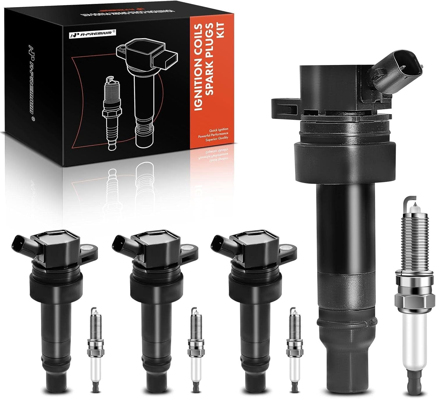 A-Premium Set of 4 Ignition Coil Pack and Iridium Spark Plugs Compatible with Hyundai Veloster 2014-2015 & Kia Forte Koup 2014-2015, Forte5 2014-2015, 1.6L, Replace# NGK93655