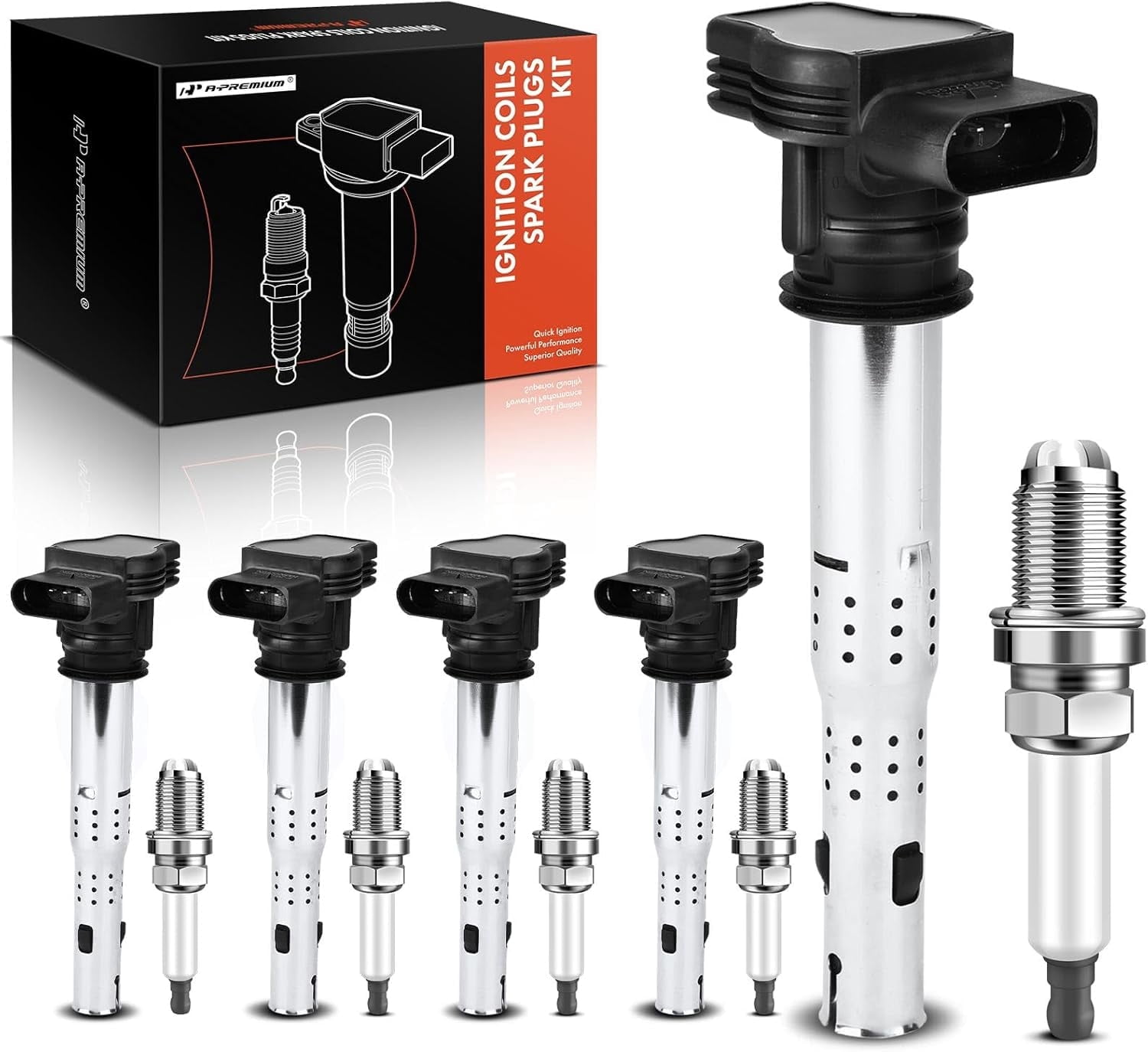 A-Premium Set of 5 Ignition Coil Pack and Iridium Spark Plugs Compatible with Audi A3 2004-2013, A4 2005-2016 & Volkswagen Jetta 2005-2015, Tiguan 2009-2017 & More, 2.0L 2.5L