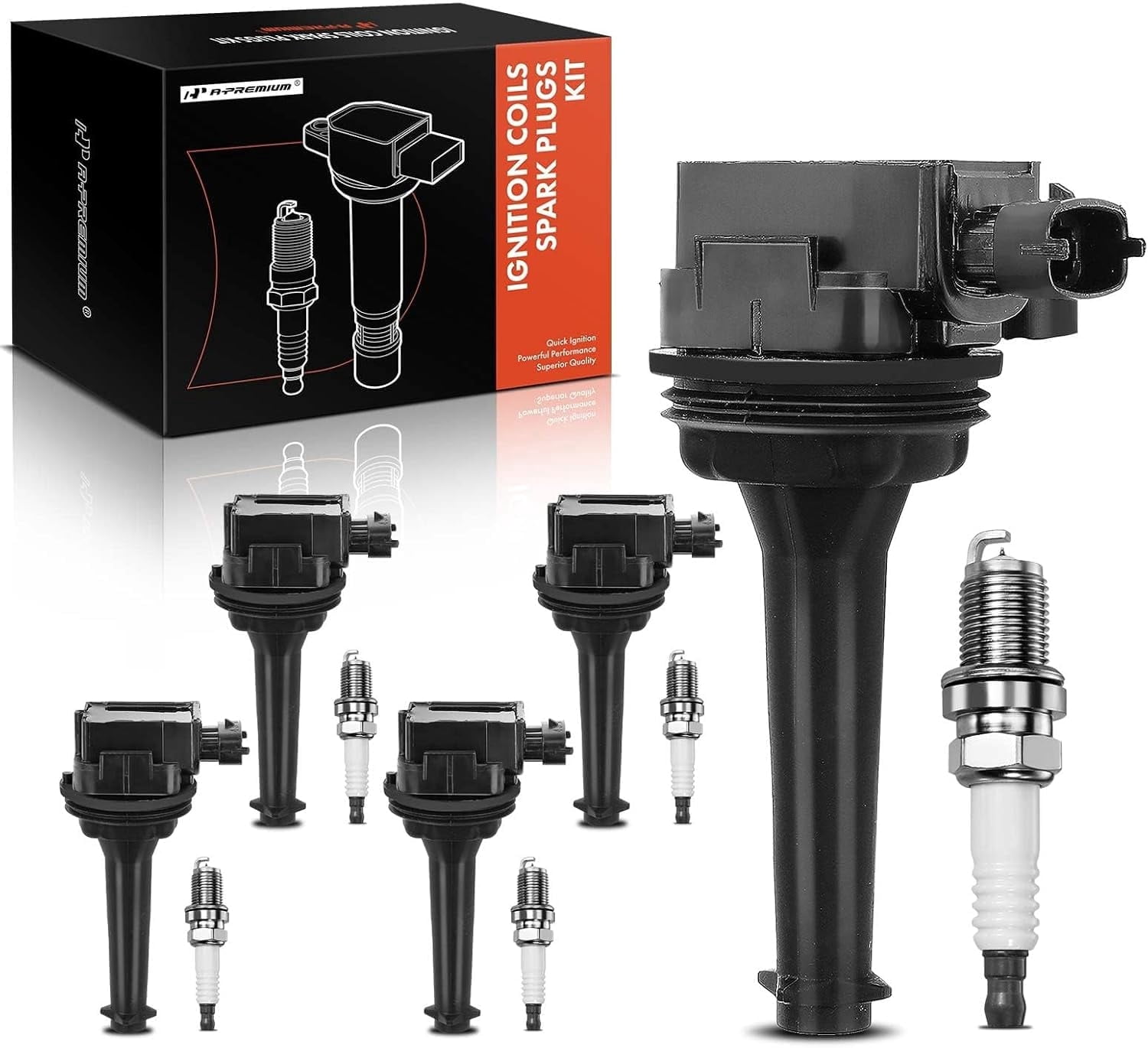 A-Premium Set of 5 Ignition Coil Pack and Iridium Spark Plugs Compatible with Volvo XC70 XC90 2003-2006, S60 2001-2005, S80 1999-2006, C70 1999-2005 S70 V70