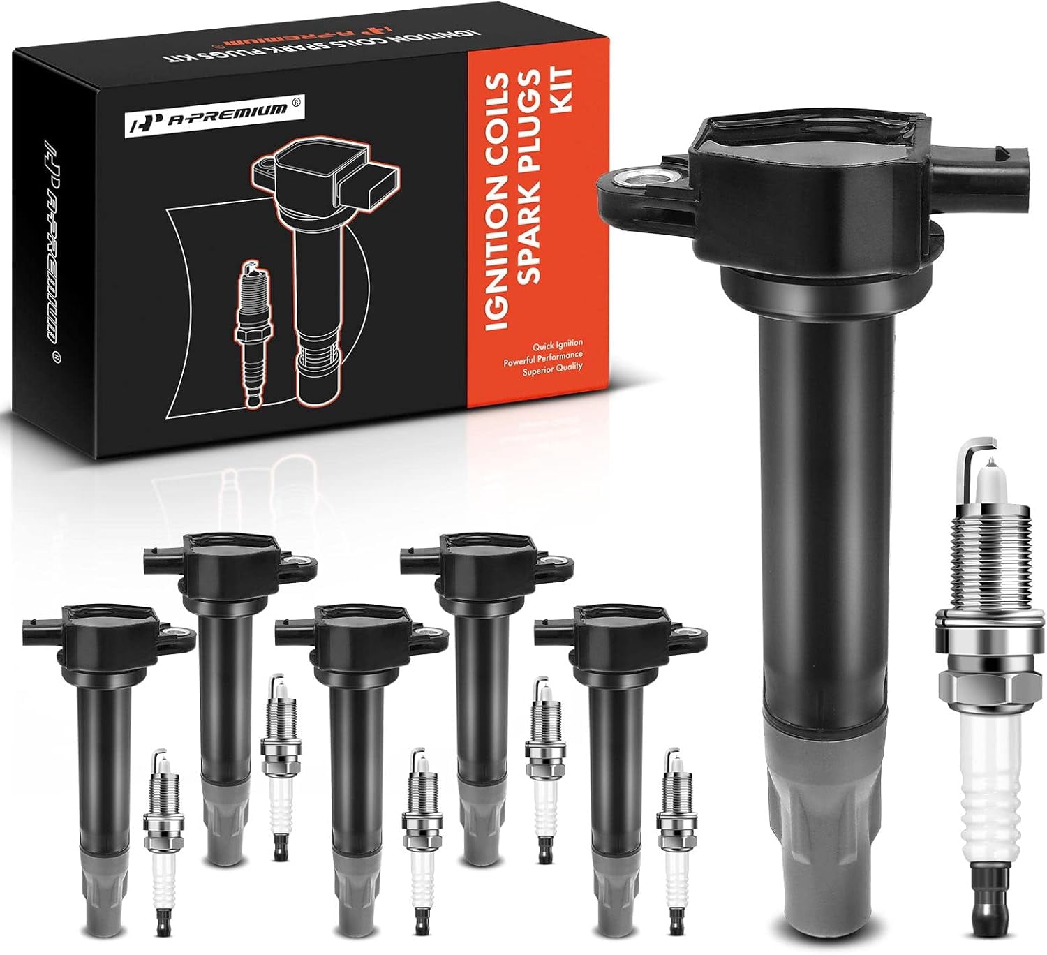 A-Premium Set of 6 (Black) Ignition Coil Pack Iridium Spark Plug Compatible with Chrysler 300 2006-2010, Sebring 2006-2010, Town & Country 2008-2010 & Dodge Avenger 2008-2010