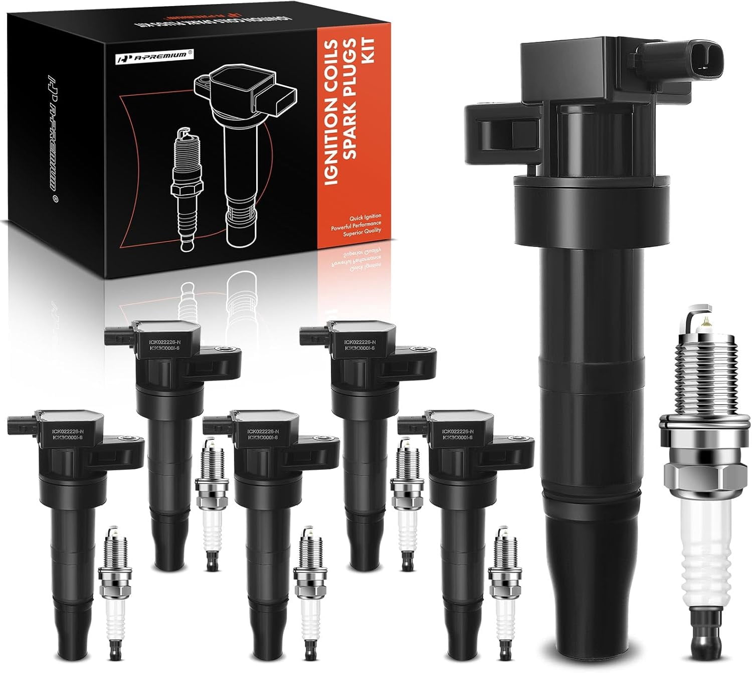 A-Premium Set of 6 (Black) Ignition Coil Pack and Iridium Spark Plugs Compatible with Hyundai Sonata 2006-2010, Santa Fe 2007-2009 & Kia Optima 2006-2008