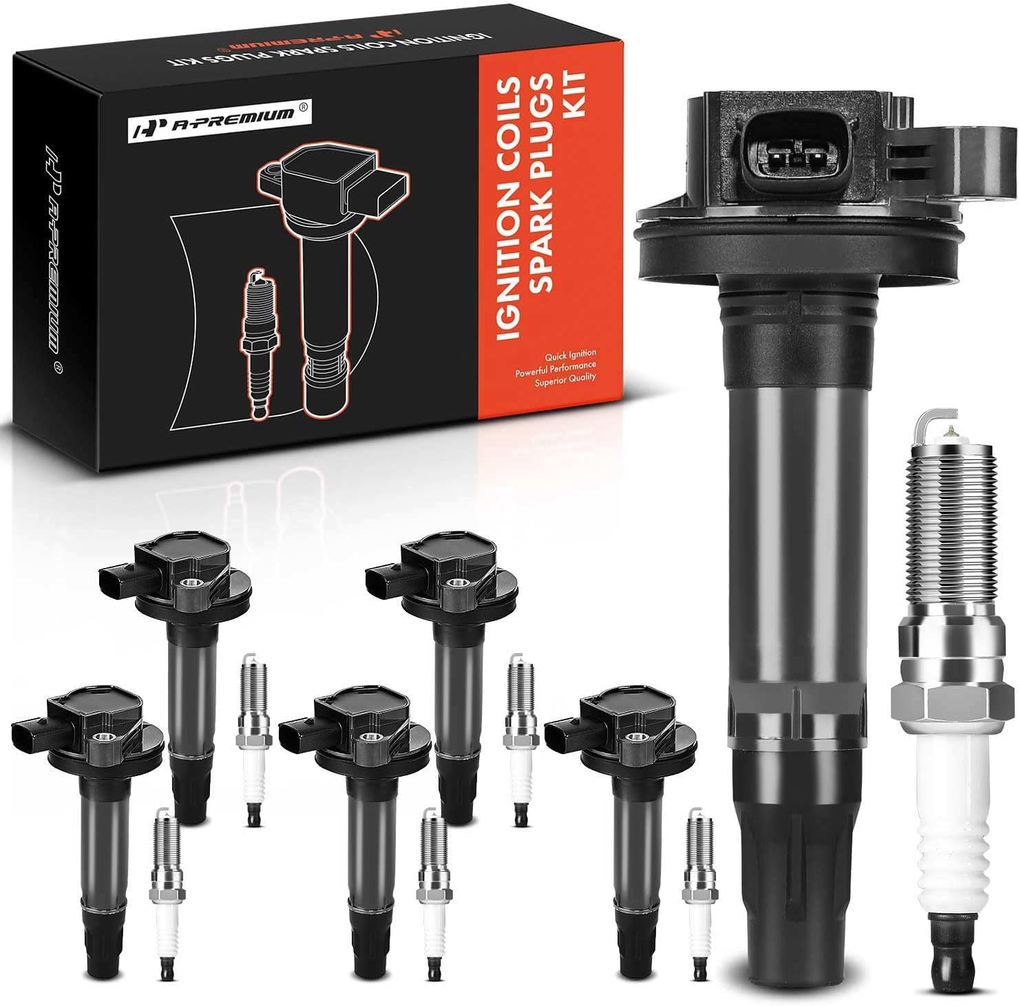 A-Premium Set of 6 Ignition Coil Pack and Iridium Spark Plugs Compatible with Ford F-150 Explorer Edge Transit-350 Mustang Flex & Lincoln MKZ MKX & Mazda 6 CX-9