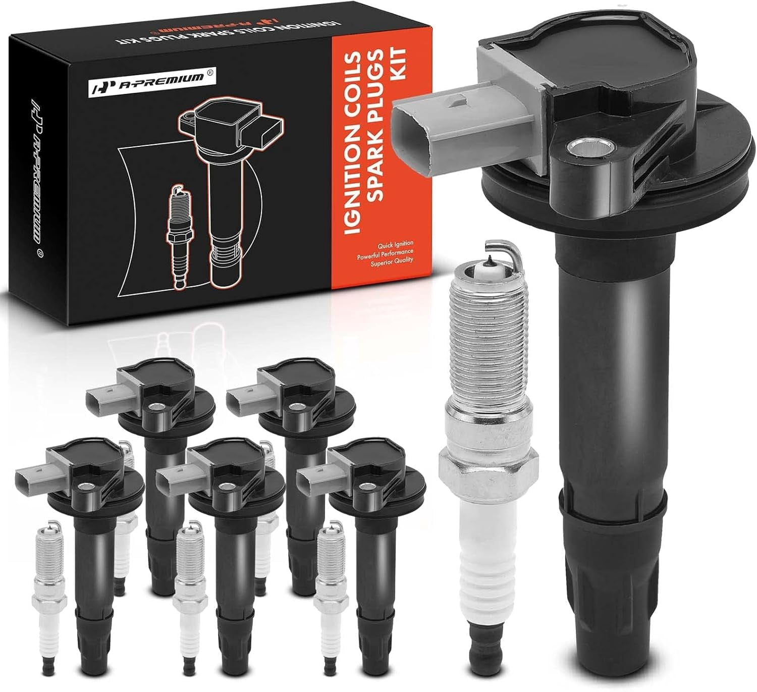 A-Premium Set of 6 Ignition Coil Pack and Iridium Spark Plugs Compatible with Ford Taurus, Flex & Lincoln MKS, MKT, 2010-2012, 3.5L, Replace# AA5Z12029A, NGK94374
