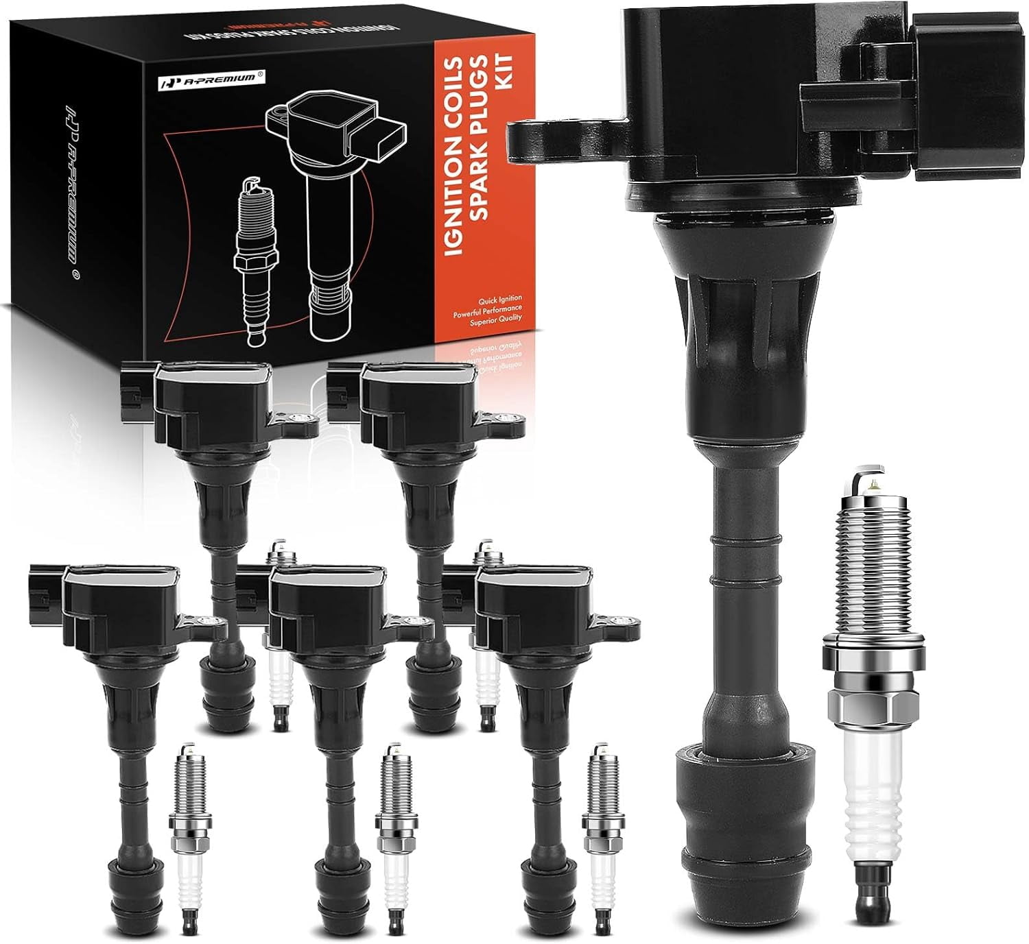 A-Premium Set of 6 Ignition Coil Pack and Iridium Spark Plugs Compatible with Infiniti G35 2003-2007, M35 2006-2008, FX35 2003-2008 & Nissan 350Z 2003-2006, 3.5L, Replace# 22448-AL615, NGK6240
