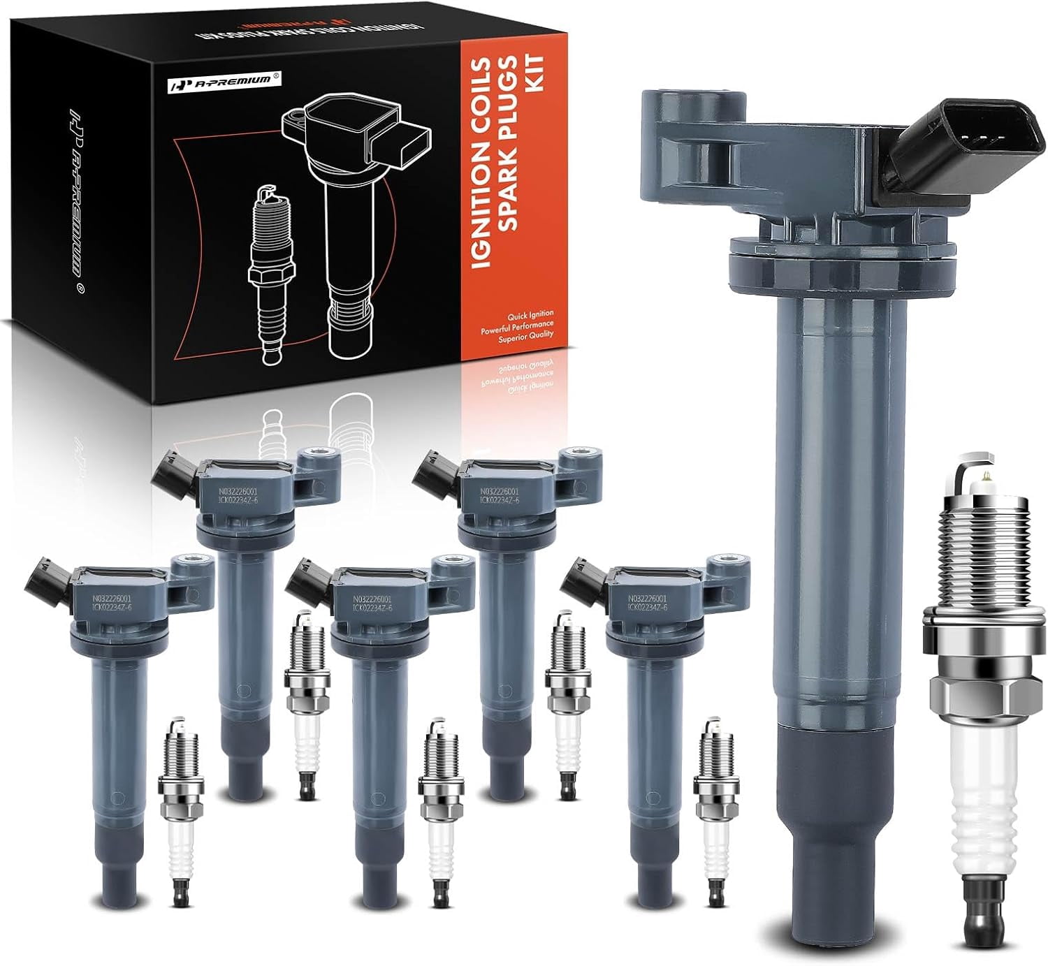 A-Premium Set of 6 Ignition Coil Pack and Iridium Spark Plugs Compatible with Toyota Camry 2002-2006, Highlander, Sienna & Lexus RX300 ES300 RX330 ES330, 3.0L 3.3L
