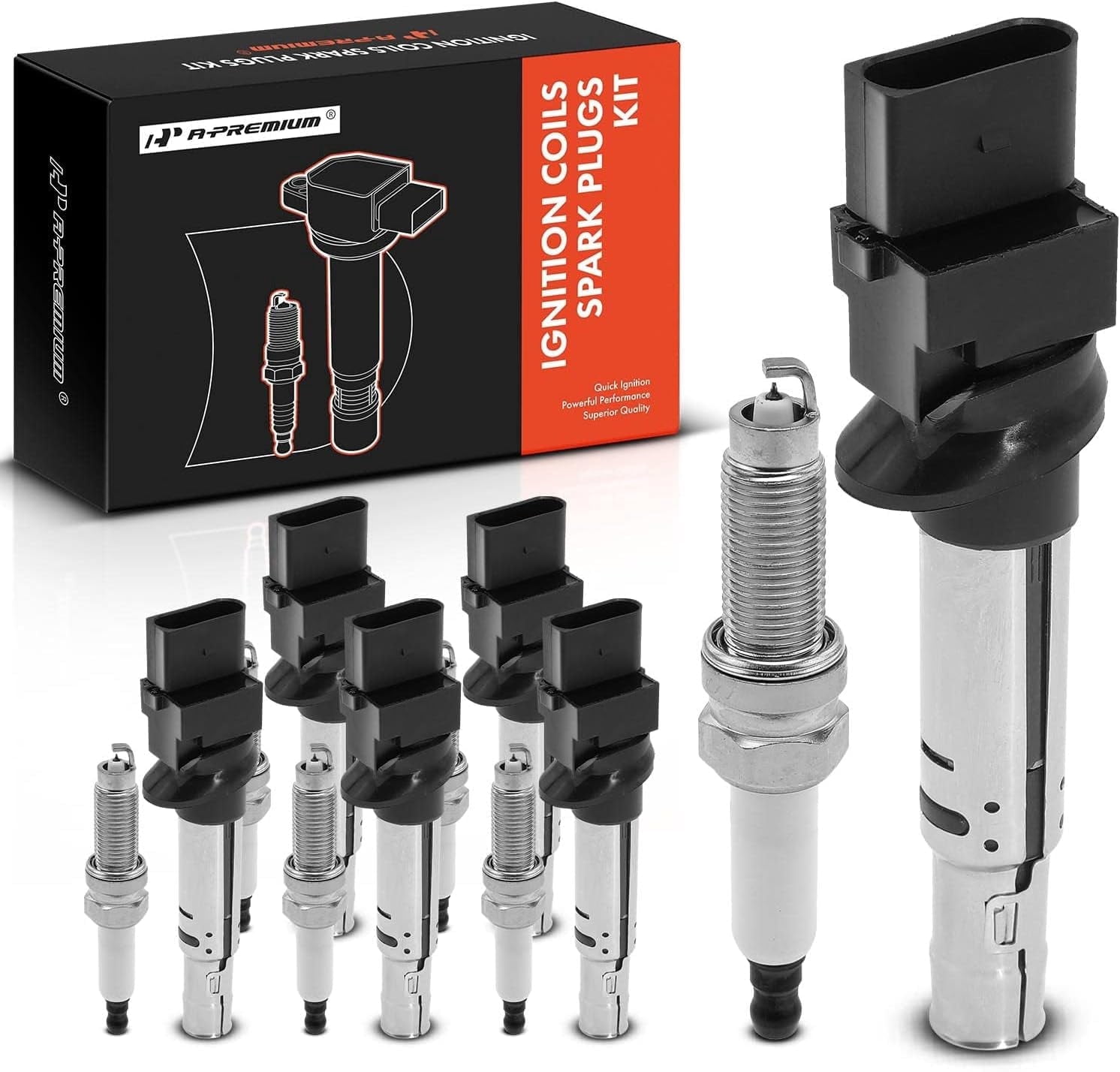 A-Premium Set of 6 Ignition Coil Pack and Iridium Spark Plugs Compatible with Volkswagen Passat 2009-2010, Passat 2012-2018, Atlas 2018-2019, CC 2009-2016, Touareg 2009-2017, Passat CC & Audi Q7