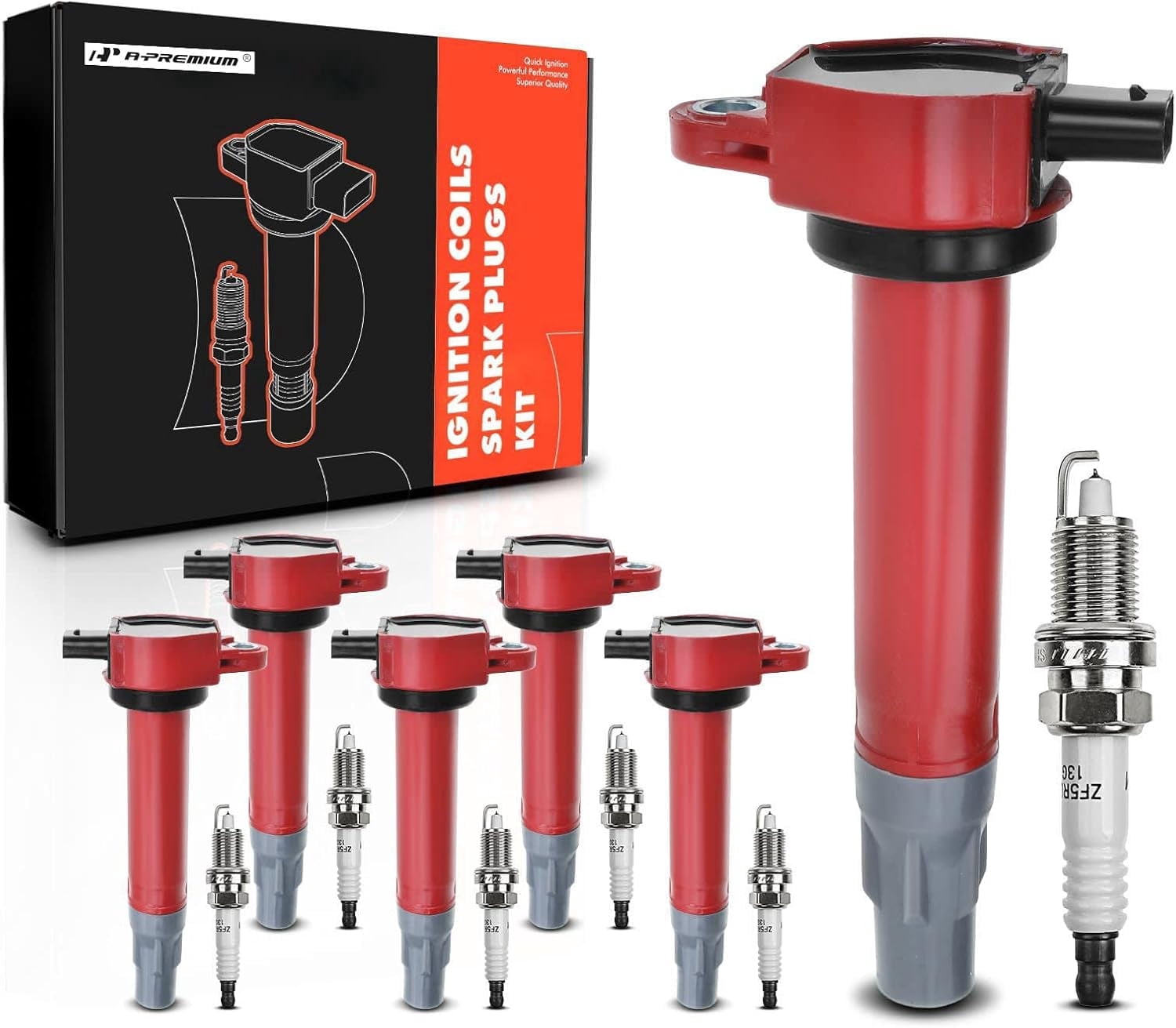 A-Premium Set of 6 (Red) Ignition Coil Pack Iridium Spark Plug Compatible with Chrysler 300 2006-2010, Sebring 2006-2010, Town & Country 2008-2010 & Dodge Avenger 2008-2010