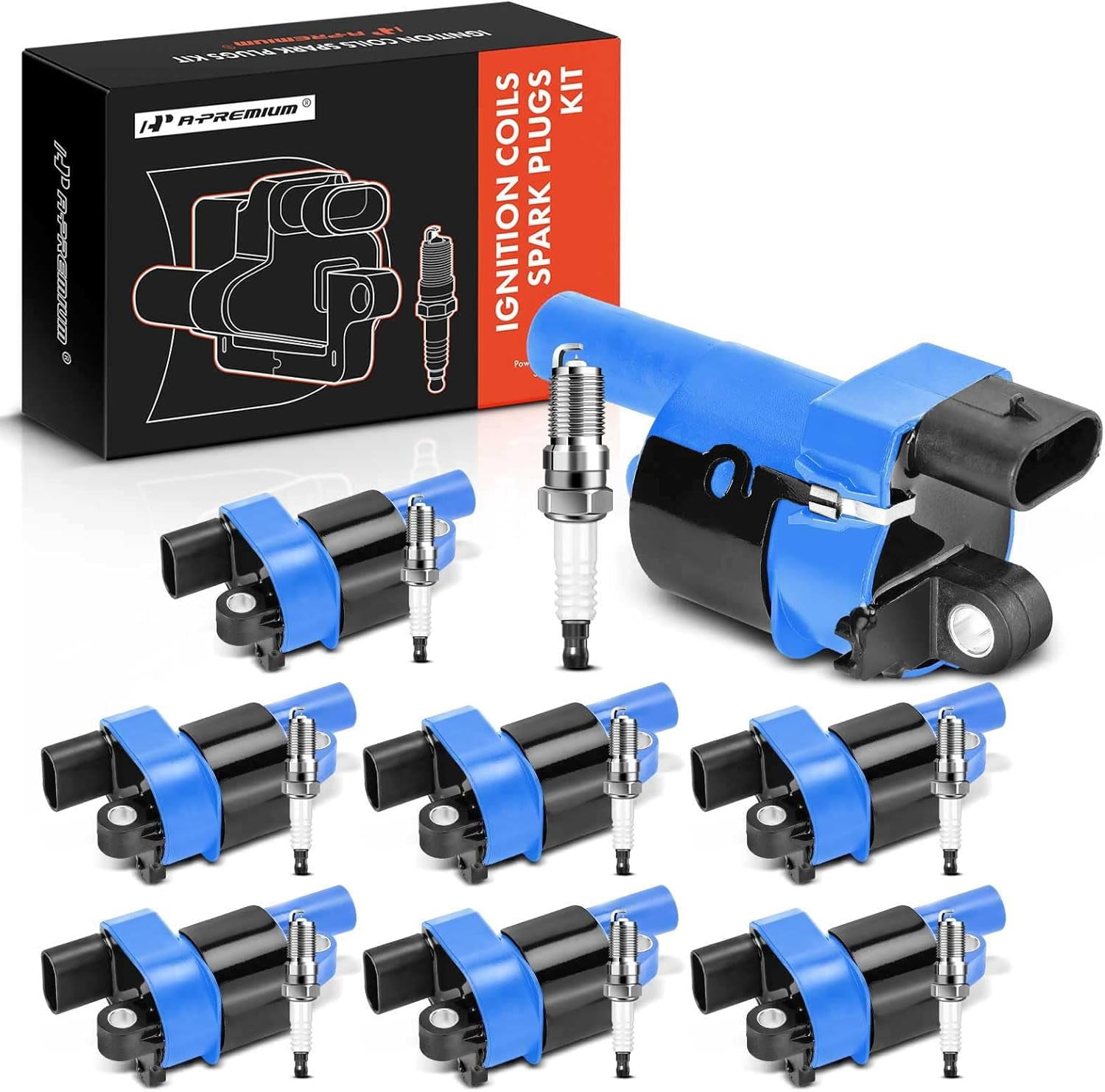 A-Premium Set of 8 (Blue) Ignition Coil Pack and Iridium Spark Plugs Compatible with GMC Sierra 2007-2013, Yukon 2007-2014, Savana 2008-2019 & Cadillac Escalade 2009-2016