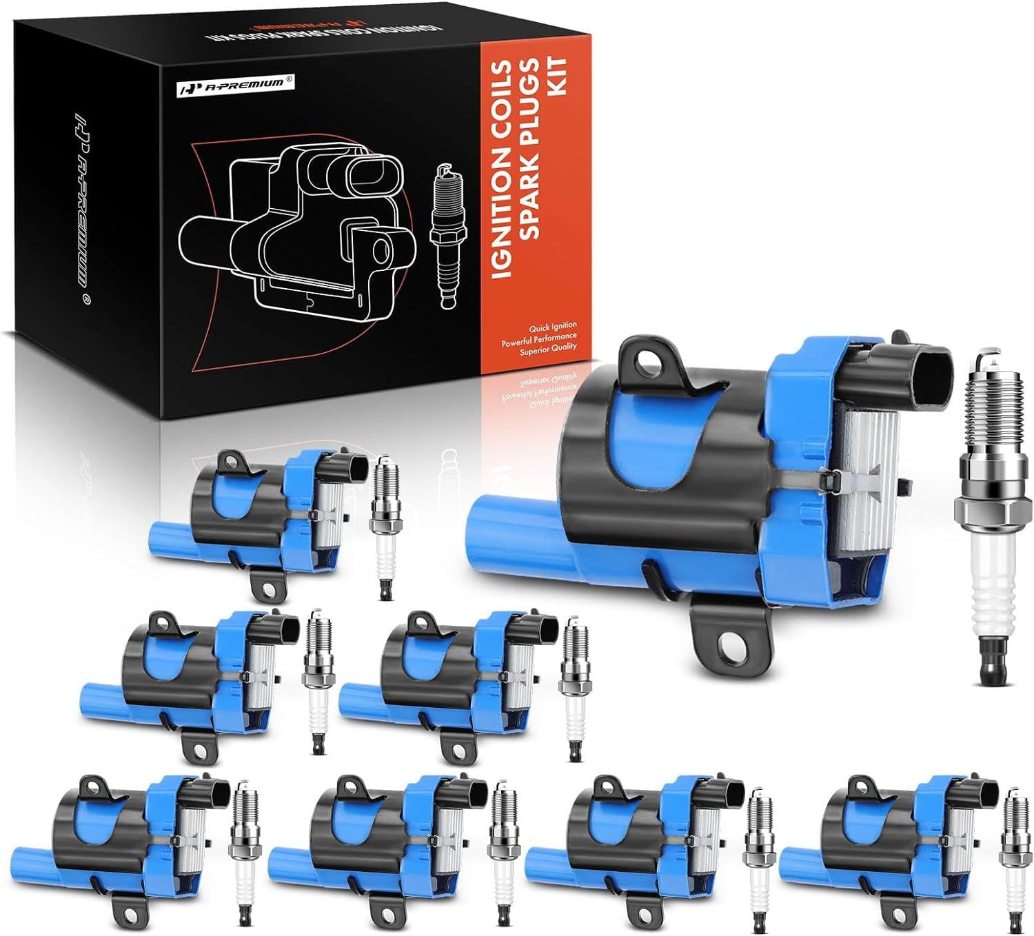 A-Premium Set of 8 (Blue) Round Ignition Coil Pack and Iridium Spark ...
