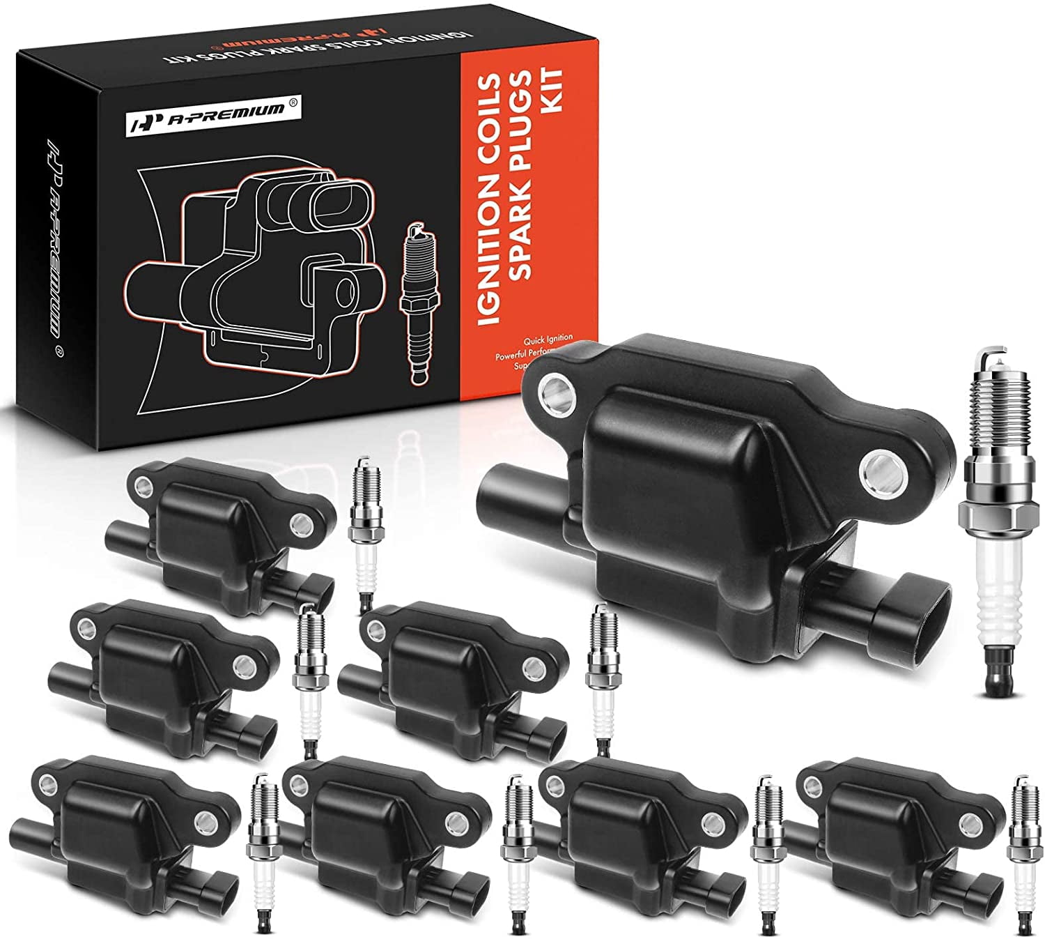 A-Premium Set of 8 Ignition Coil Pack and Iridium Spark Plugs Compatible with Chevrolet Silverado GMC Sierra 2007-2013 Cadillac CTS 2006-2015 V8 4.8L 5.3L 6.0L 6.6L