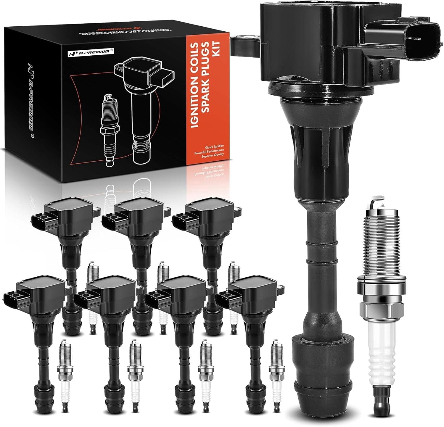 A-Premium Set of 8 Ignition Coil Pack and Iridium Spark Plugs Compatible with Infiniti M45 2003-2004 2006-2010, FX45 2003-2008, Q45 2002-2006, 4.5L, Replace# 22448AR215, NGK4469