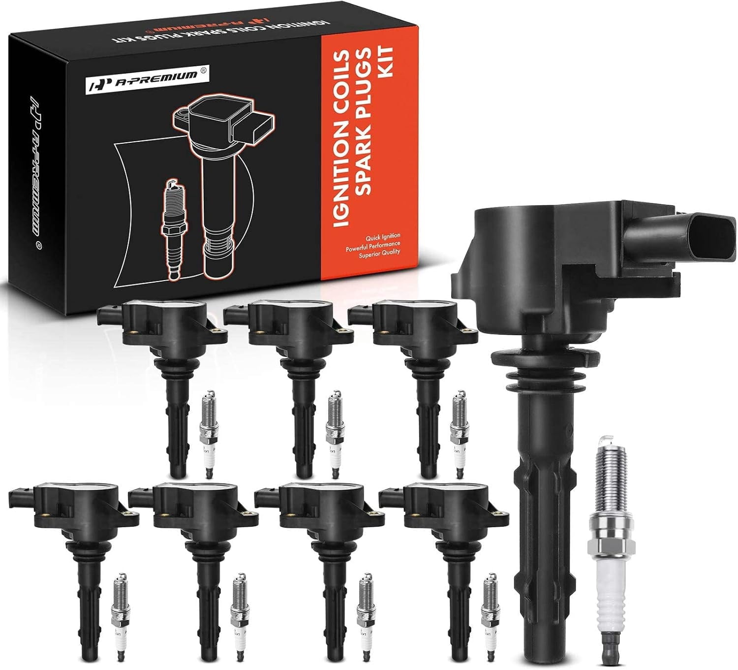A-Premium Set of 8 Ignition Coil Pack and Iridium Spark Plugs Compatible with Mercedes-Benz CLS550 E550 S550 2007-2011 GL450 SL550 ML550 S450 CL550 CLK550 G550