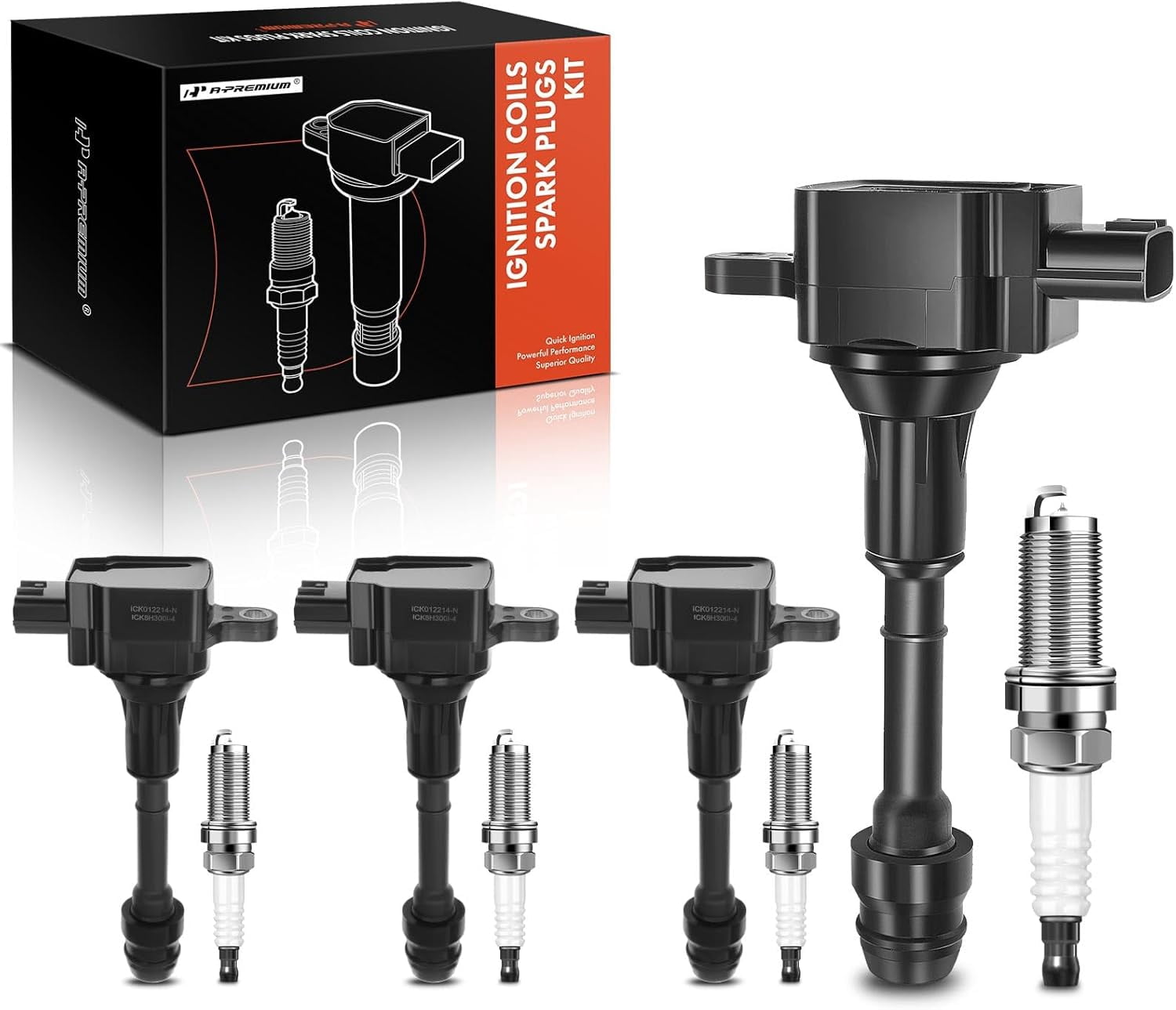 A-Premium Set of 4 (Black) Ignition Coil Pack and Iridium Spark Plugs Compatible with Nissan Altima Sentra 2002-2006, X-Trail 2005-2006 L4 2.5L
