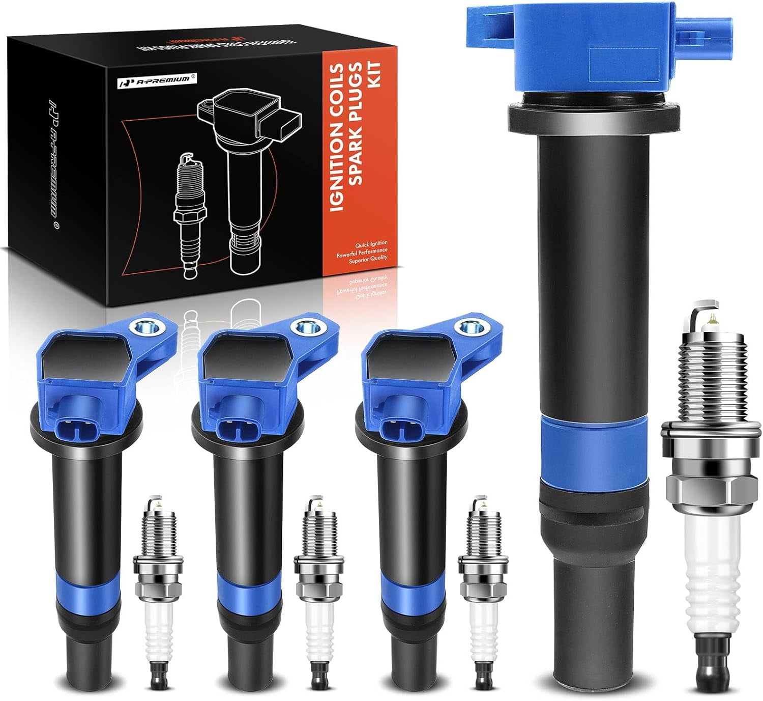 A-Premium Set of 4 (Blue) Ignition Coil Pack and Iridium Spark Plugs Compatible with Hyundai Accent 2006-2011 & Kia Rio Rio5 2006-2011, 1.4L 1.6L