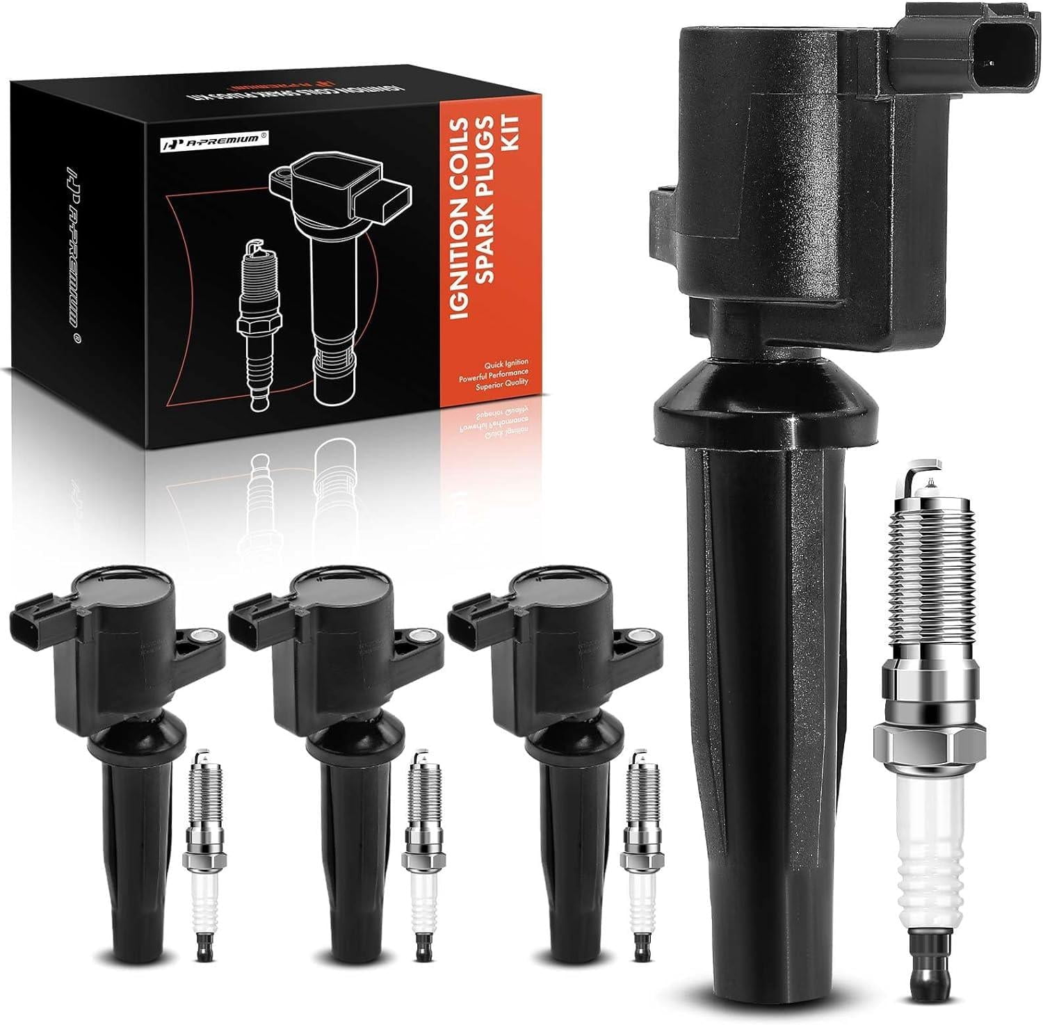 A-Premium Set of 4 Ignition Coil Pack and Iridium Spark Plugs Compatible with Ford Escape, Fusion, C-Max, Police Responder Hybrid, Lincoln MKZ