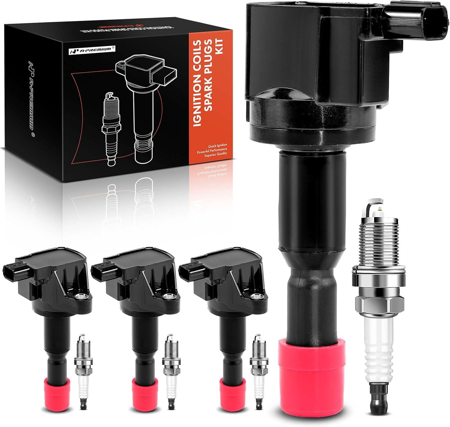A-Premium Set of 4 Ignition Coil Pack and Iridium Spark Plugs Compatible with Honda Fit 2007-2008 1.5L, Replace# 30520-PWC-003, NGK94279