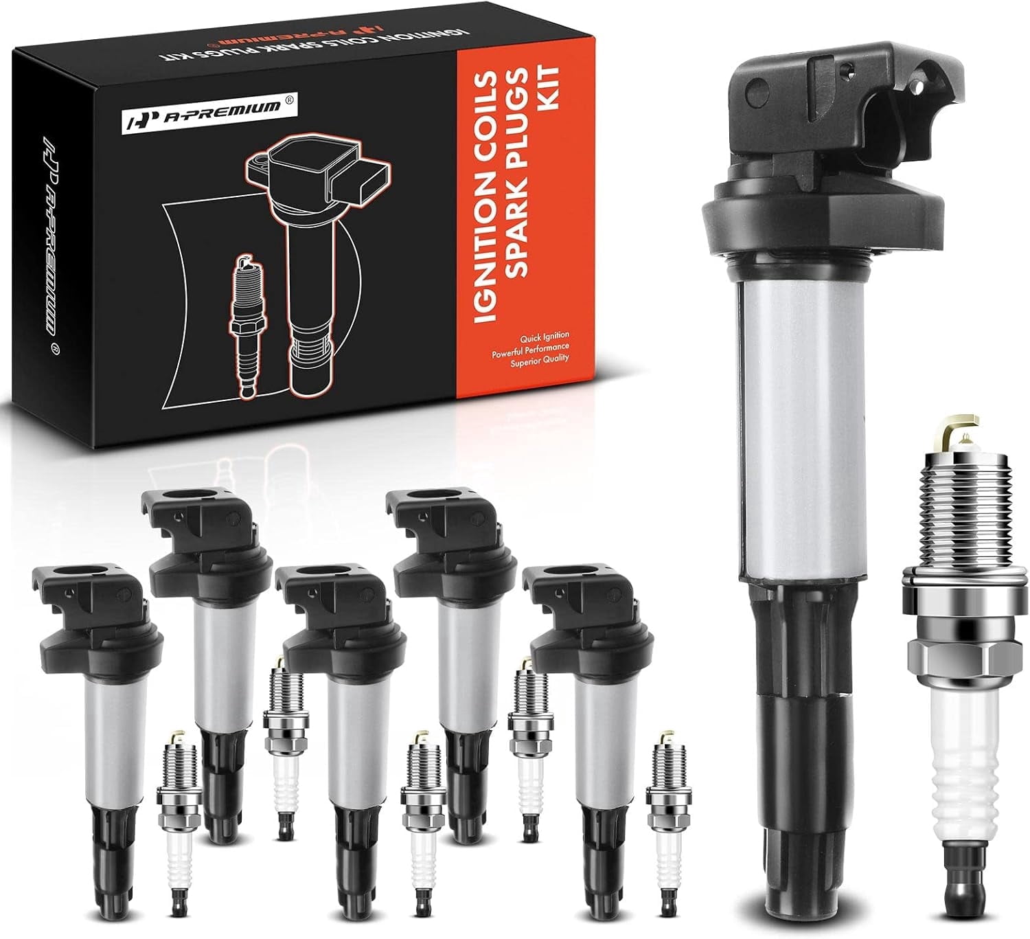 A-Premium Set of 6 Ignition Coil Pack and Iridium Spark Plugs Compatible with BMW 320i 325i 330i, 525i 530i, 760i 760Li, M3 X3 Z3 Z4, 3.0L, 3.2L