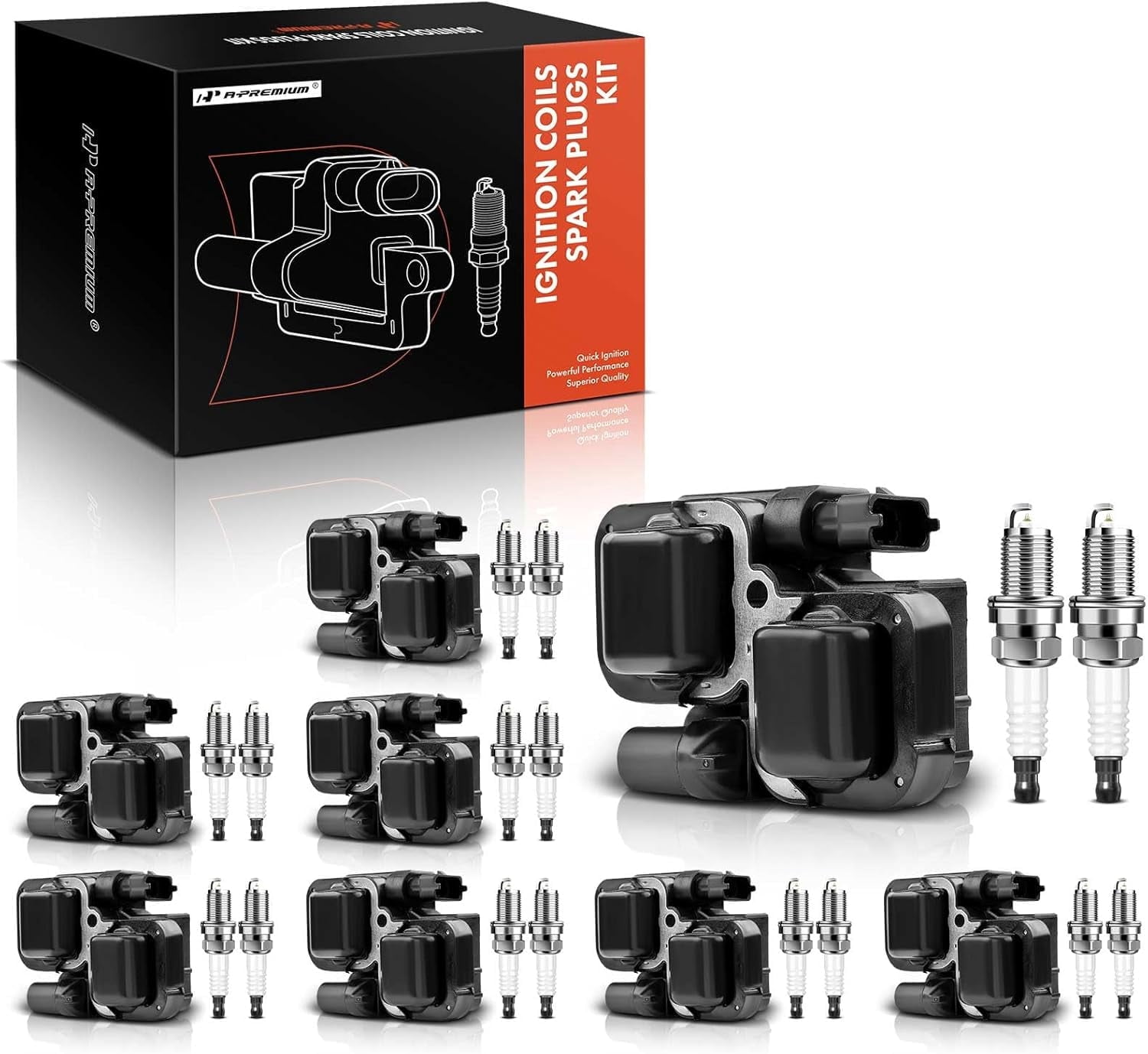 A-Premium Set of 8 Ignition Coil Pack and Iridium Spark Plugs Compatible with Mercedes-Benz E500 S430 CL500 CLK500 S500 SL500 CLK430 G500 G55 AMG